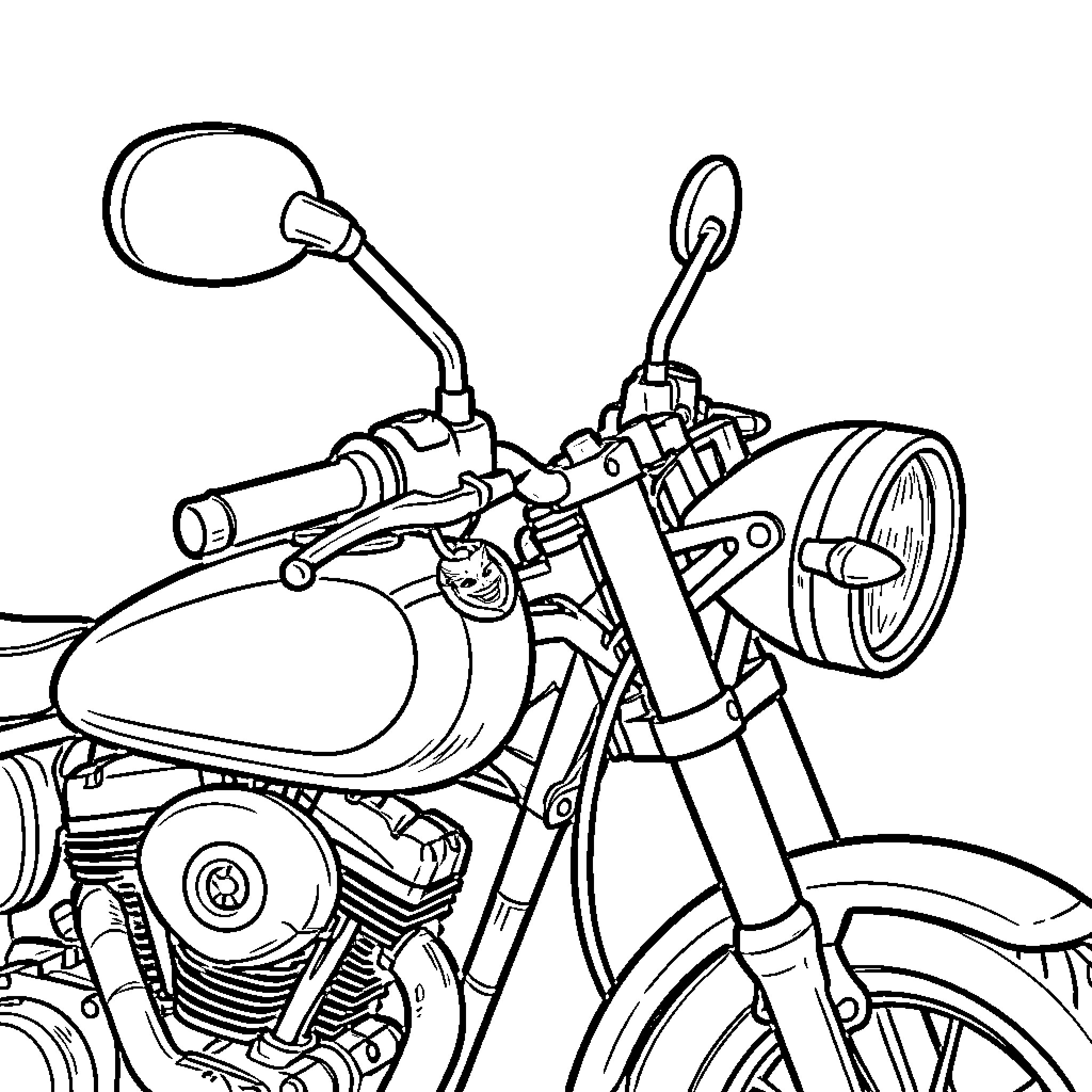 Joker riding a classic motorcycle through the streets Coloring Page (free black-and-white line drawing printable PDF for all, from beginners to advanced learners, including children, teens, adults, and seniors)