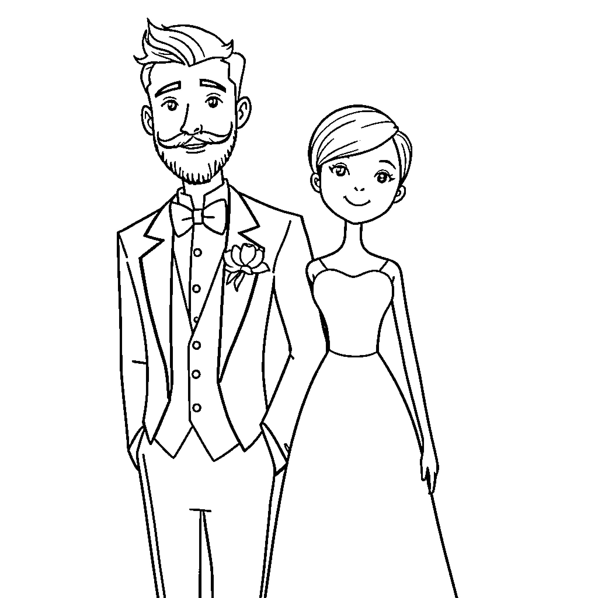 Wedding couple in formal attire Coloring Page (free black-and-white line drawing printable PDF for all, from beginners to advanced learners, including children, teens, adults, and seniors)