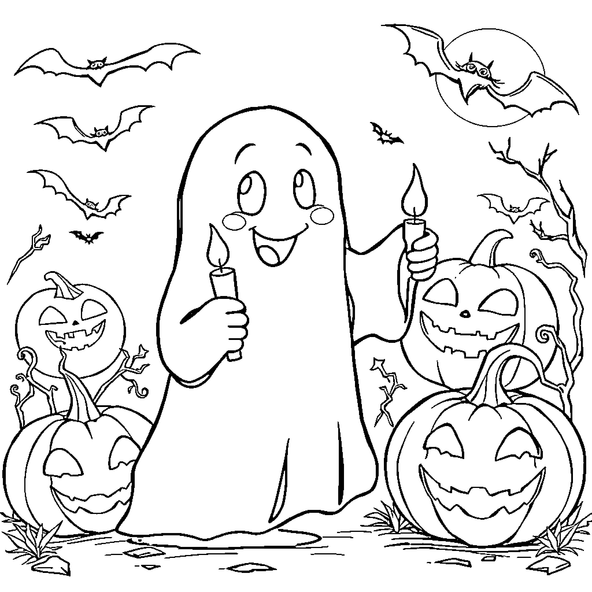 Ghost celebrating Halloween with jack-o'-lanterns Coloring Page (free black-and-white line drawing printable PDF for all, from beginners to advanced learners, including children, teens, adults, and seniors)