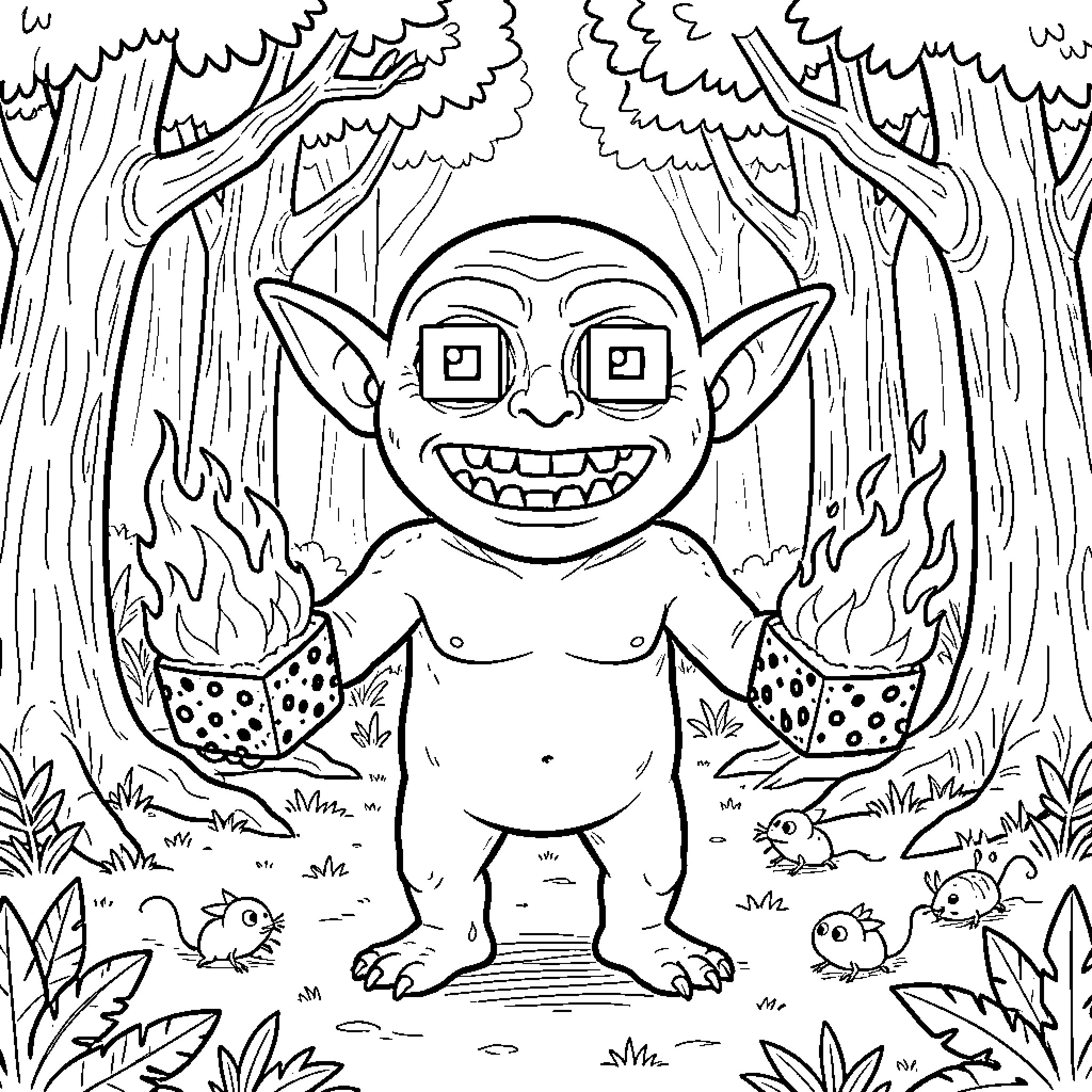 Goblin grinning mischievously while holding flaming dice Coloring Page (free black-and-white line drawing printable PDF for all, from beginners to advanced learners, including children, teens, adults, and seniors)