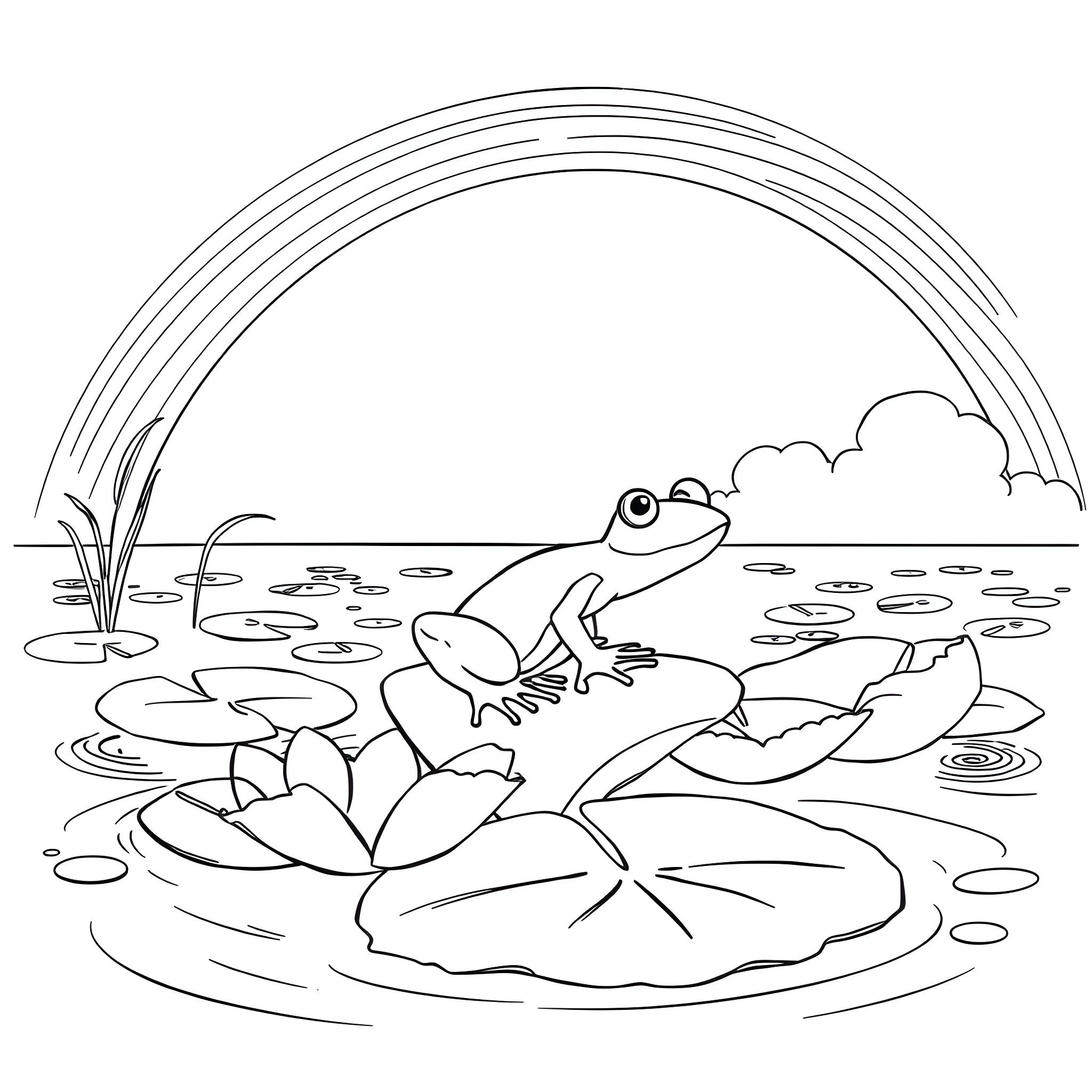 Frog enjoying the rainbow in the pond Coloring Page (free black-and-white line drawing printable PDF for all, from beginners to advanced learners, including children, teens, adults, and seniors)