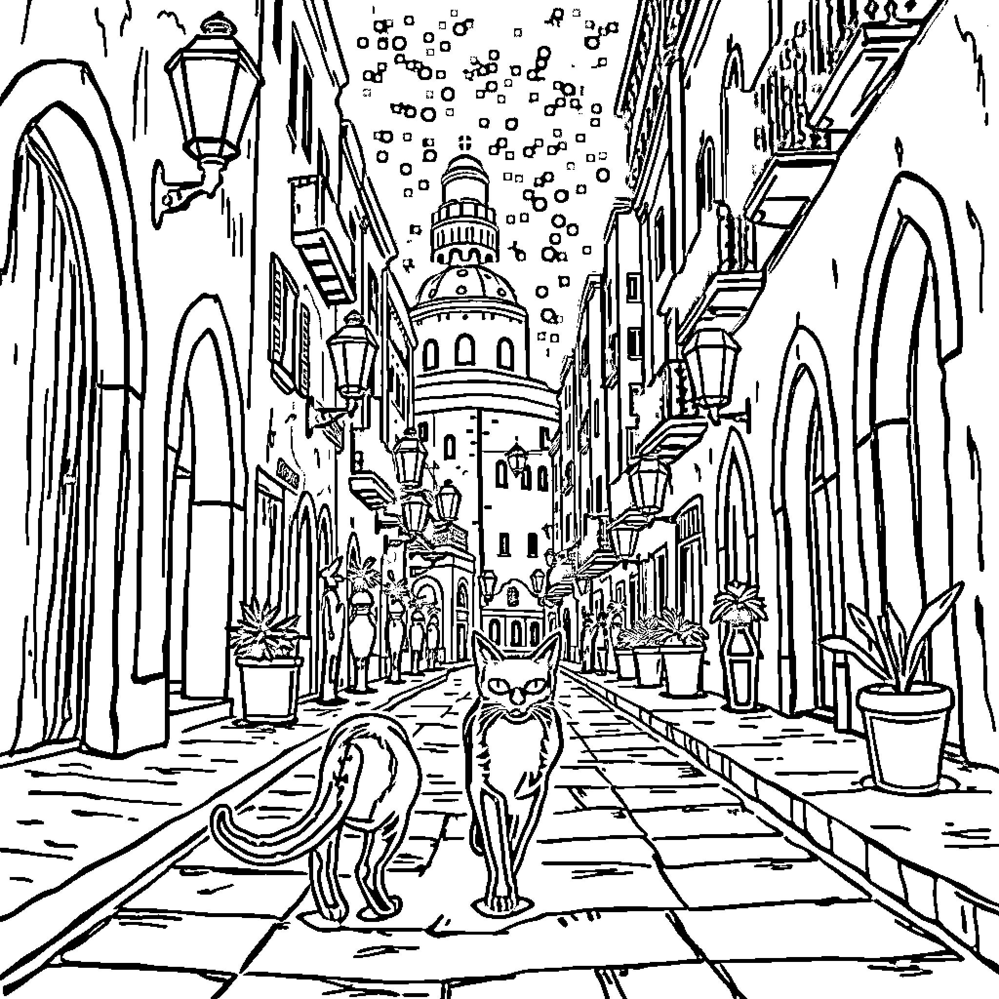 Cat Exploring a Charming European City Street Coloring Page (free black-and-white line drawing printable PDF for all, from beginners to advanced learners, including children, teens, adults, and seniors)