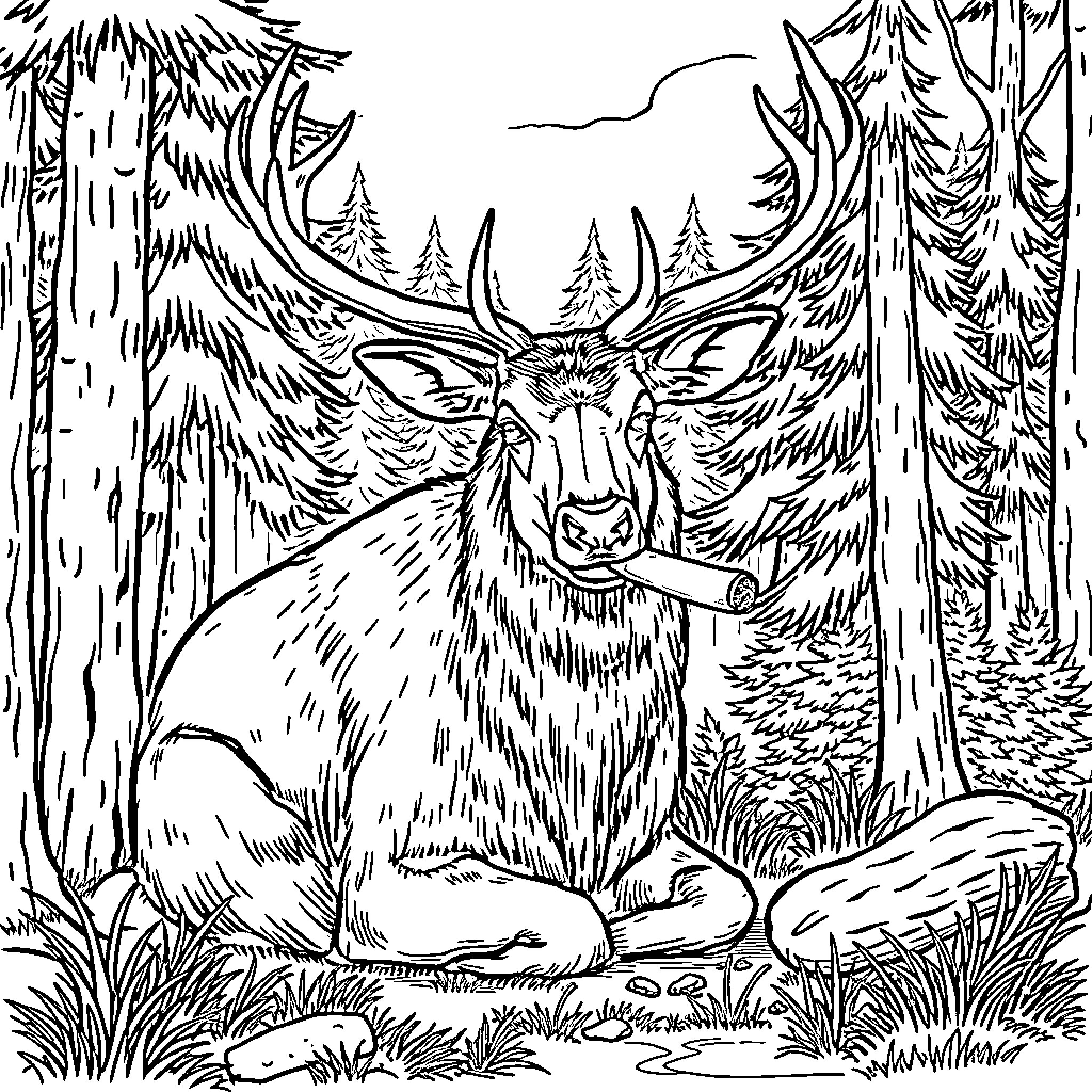 Elk standing in forest with pine trees Coloring Page (free black-and-white line drawing printable PDF for all, from beginners to advanced learners, including children, teens, adults, and seniors)