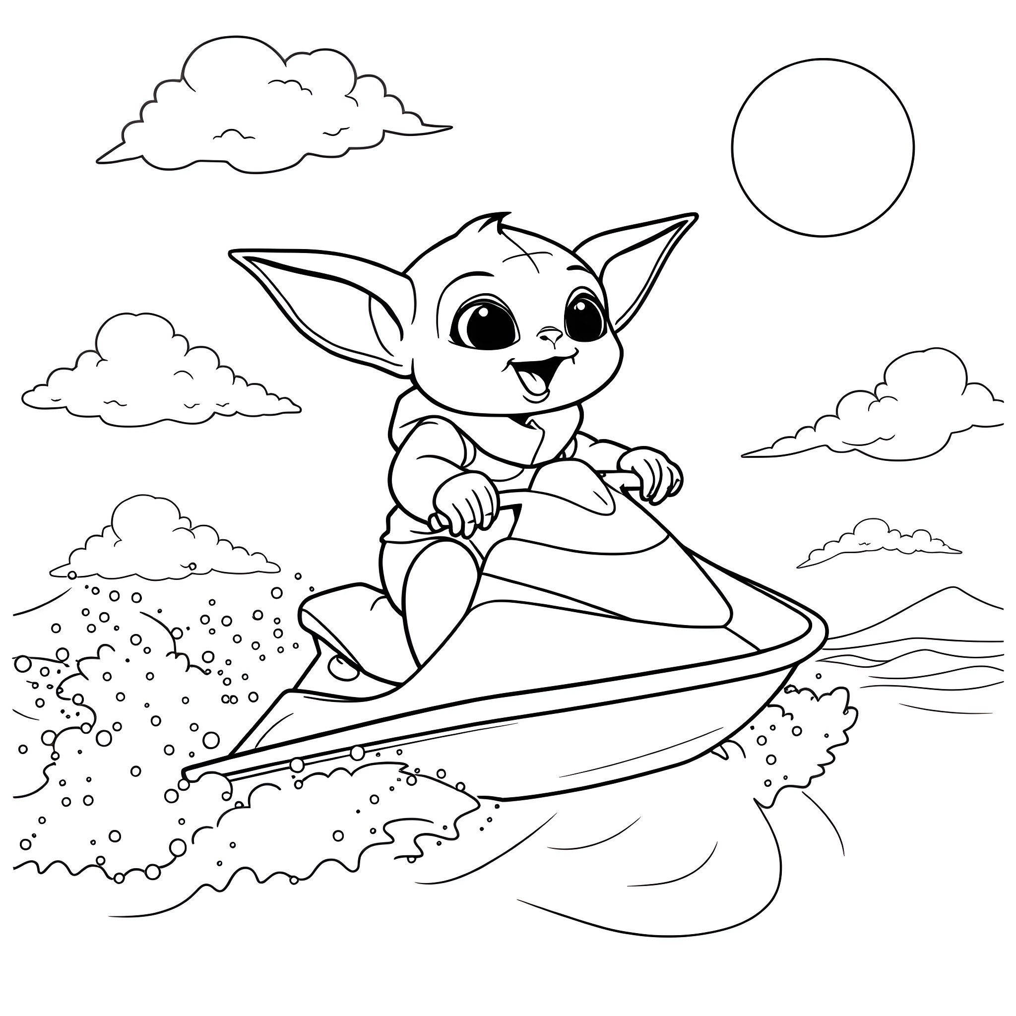 Yoda-like creature riding a high-speed hovercraft Coloring Page (free black-and-white line drawing printable PDF for all, from beginners to advanced learners, including children, teens, adults, and seniors)
