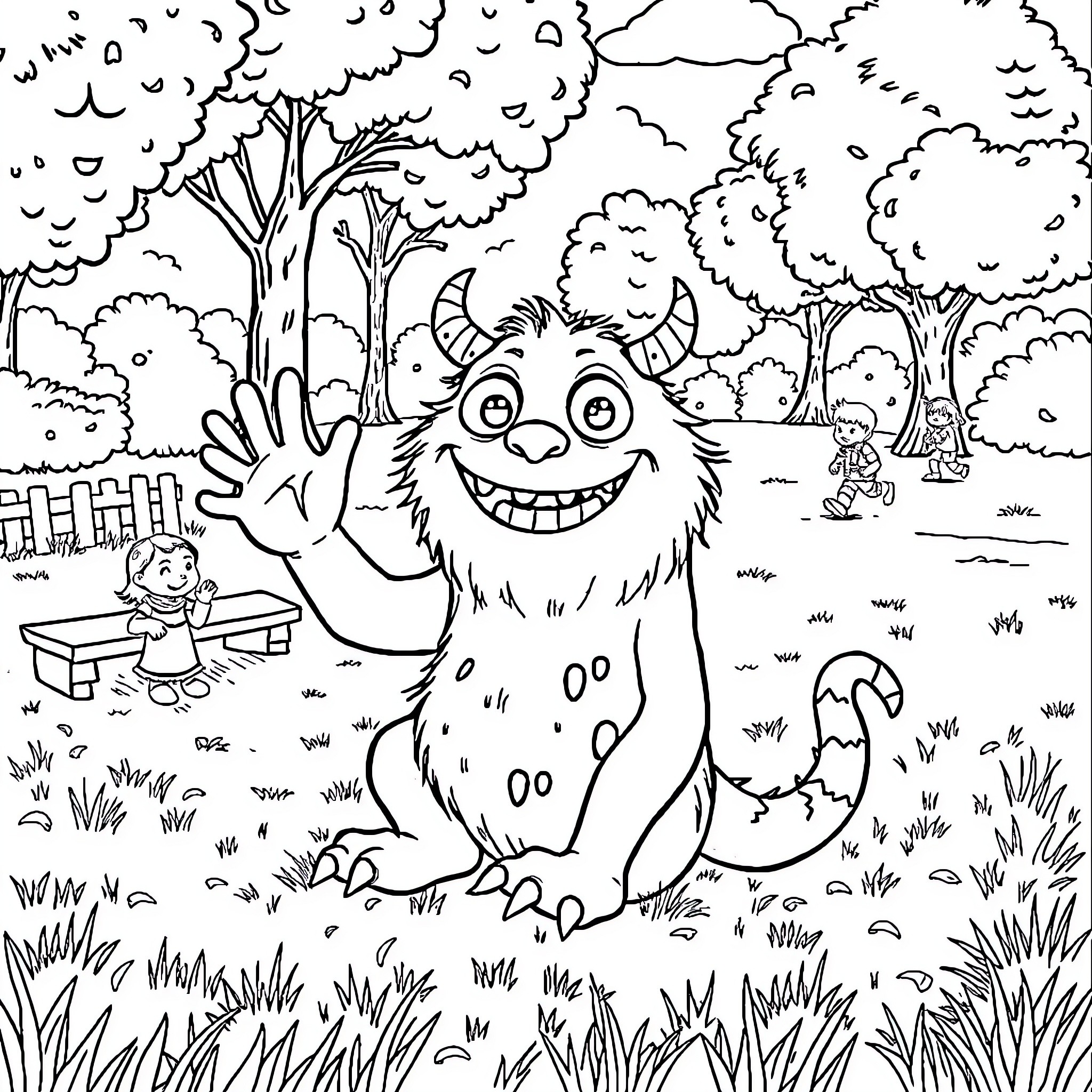 Monster cheerfully waving in a whimsical forest setting Coloring Page (free black-and-white line drawing printable PDF for all, from beginners to advanced learners, including children, teens, adults, and seniors)