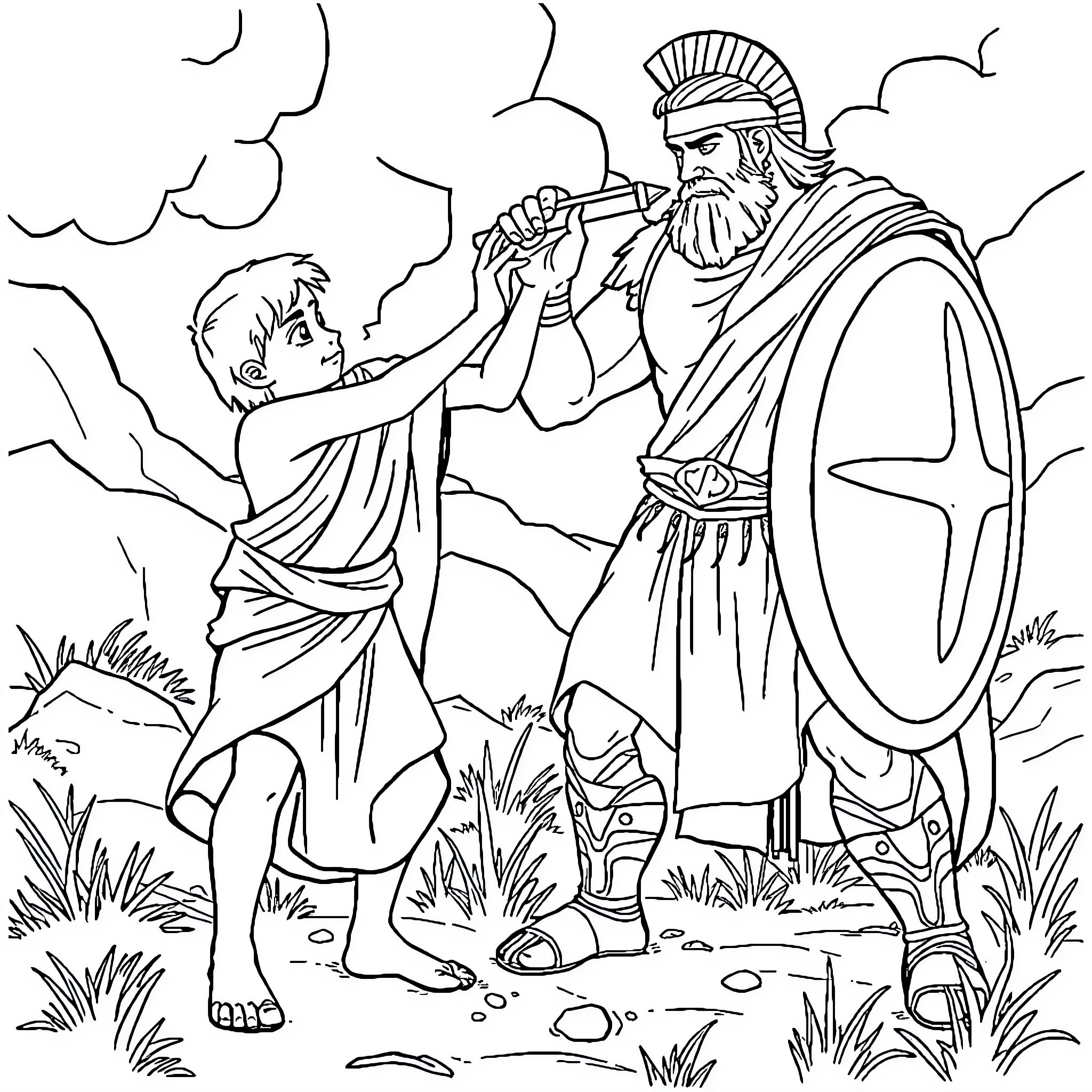 David confronting the Philistine giant Coloring Page (free black-and-white line drawing printable PDF for all, from beginners to advanced learners, including children, teens, adults, and seniors)