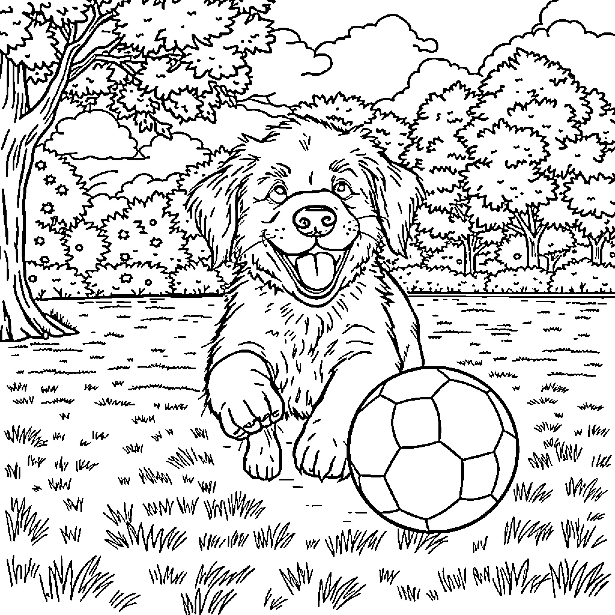 Golden Retriever playing with a soccer ball in a scenic park Coloring Page (free black-and-white line drawing printable PDF for all, from beginners to advanced learners, including children, teens, adults, and seniors)