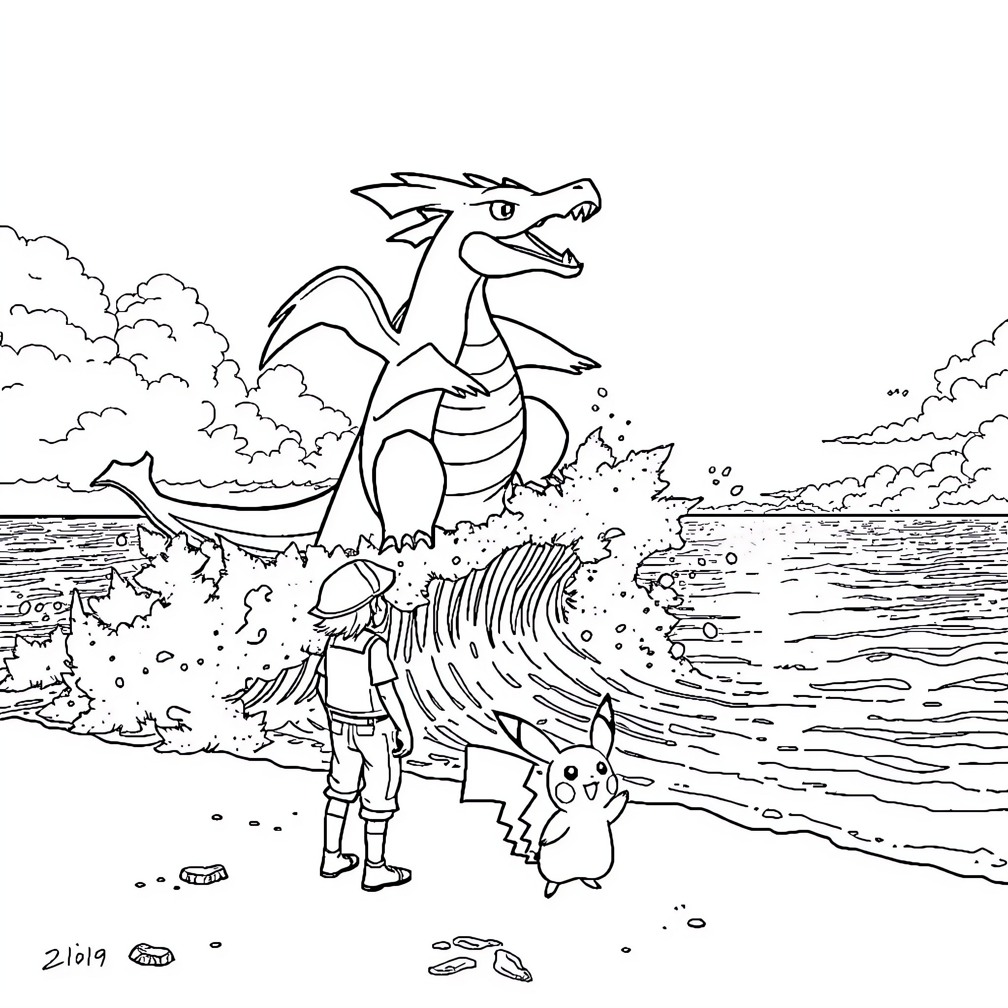 Garados Emerges from the Waves with Companions Coloring Page (free black-and-white line drawing printable PDF for all, from beginners to advanced learners, including children, teens, adults, and seniors)