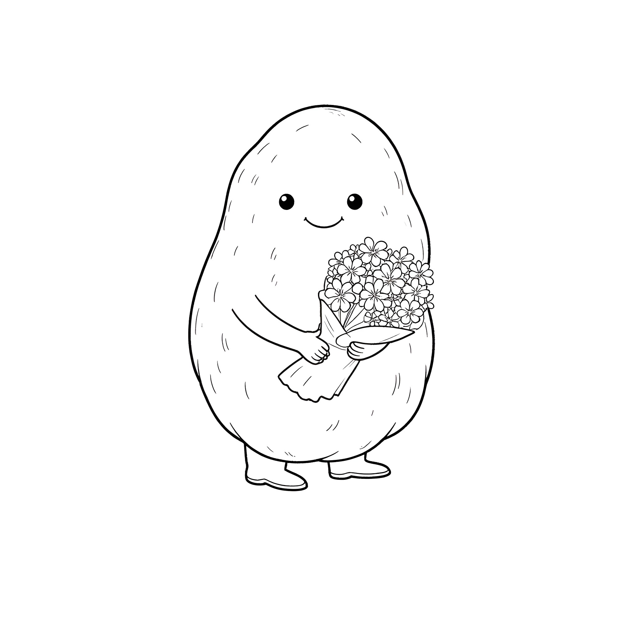 Potato holding a bouquet of flowers Coloring Page (free black-and-white line drawing printable PDF for all, from beginners to advanced learners, including children, teens, adults, and seniors)