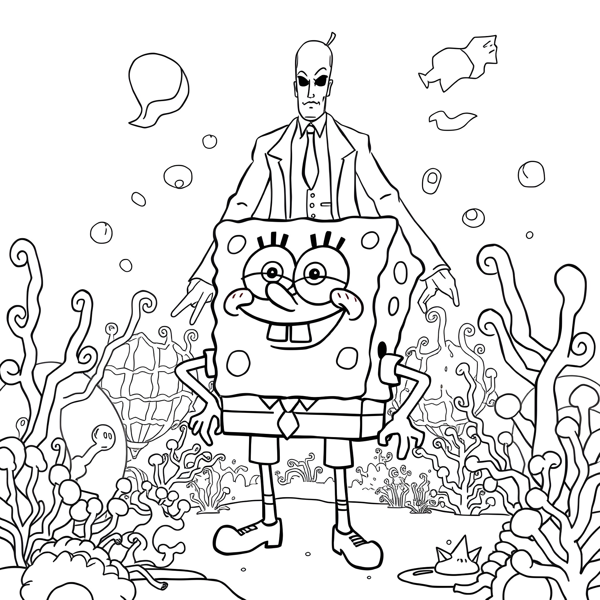 Spongebob's undersea adventures with friends Coloring Page (free black-and-white line drawing printable PDF for all, from beginners to advanced learners, including children, teens, adults, and seniors)
