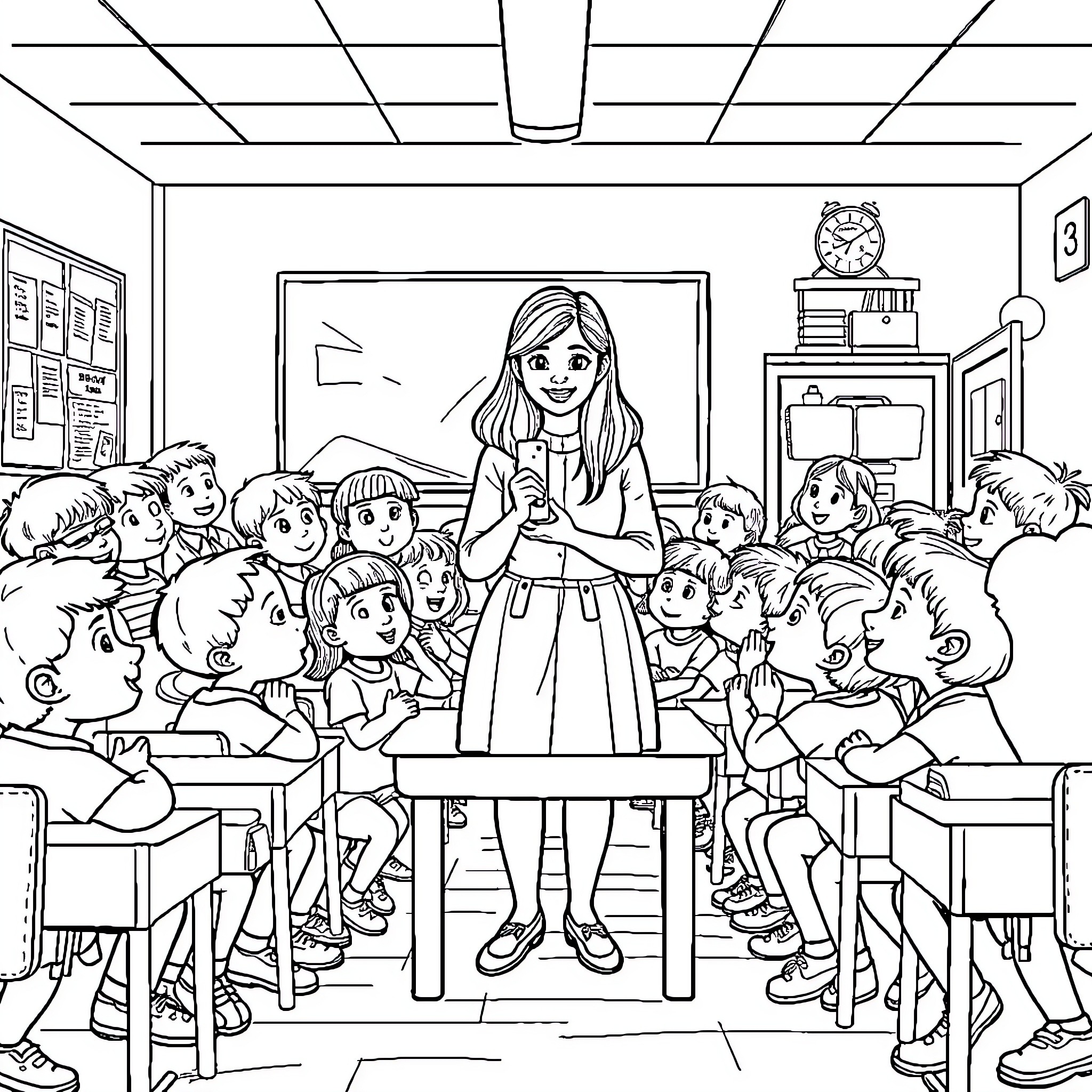 Teacher Guiding Students in Classroom Setting Coloring Page (free black-and-white line drawing printable PDF for all, from beginners to advanced learners, including children, teens, adults, and seniors)