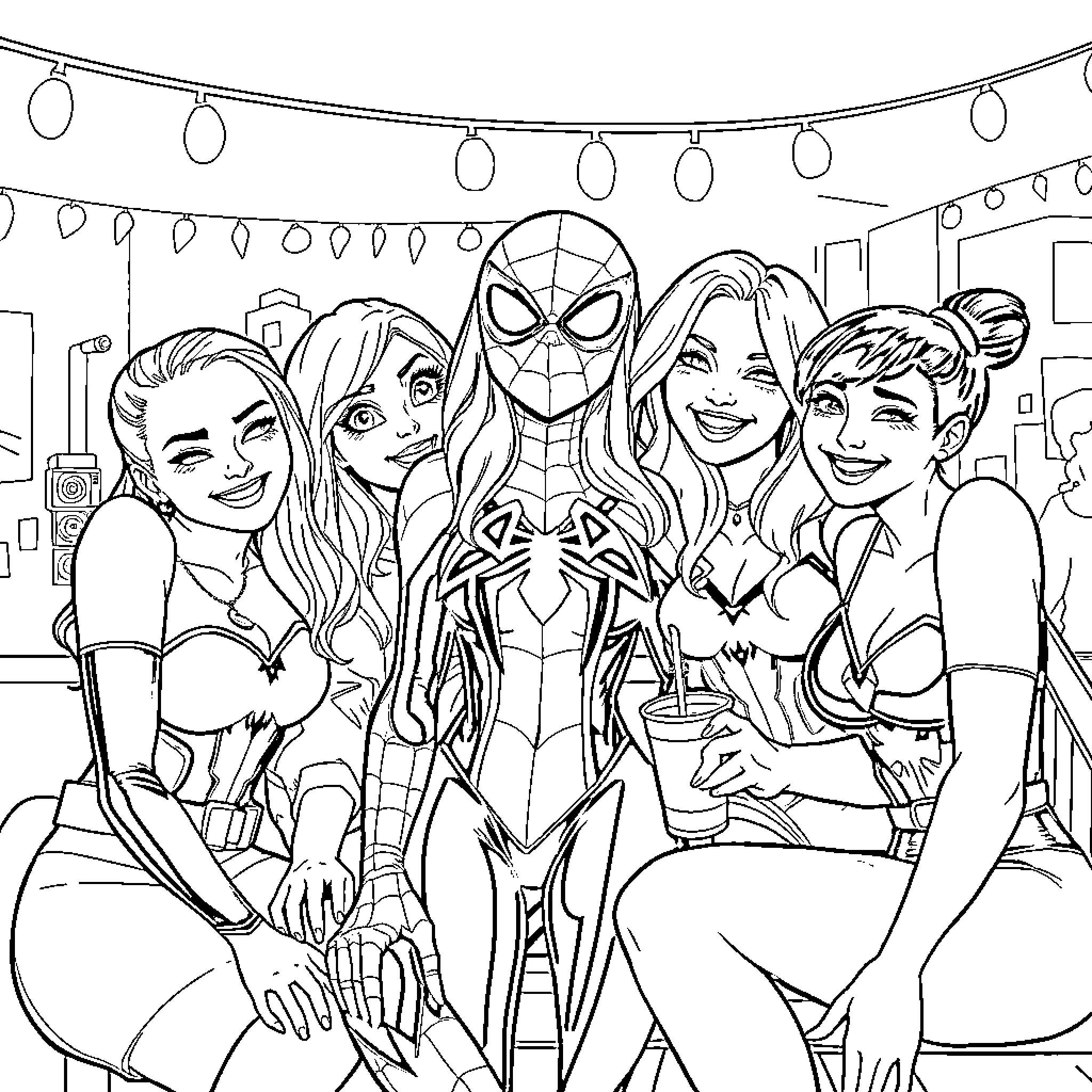 Spider Gwen enjoying a party with friends Coloring Page (free black-and-white line drawing printable PDF for all, from beginners to advanced learners, including children, teens, adults, and seniors)