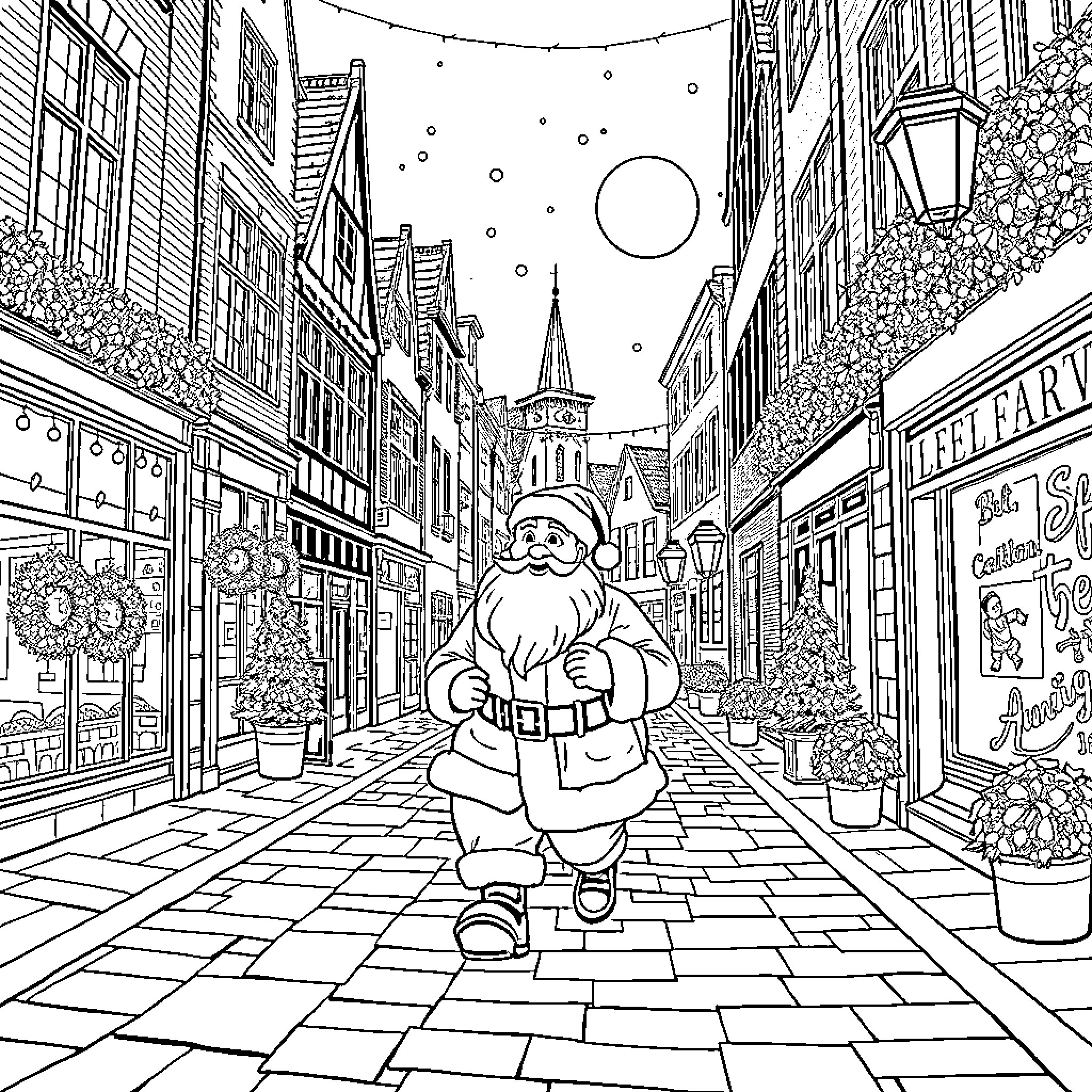 Santa strolling through a festive city street Coloring Page (free black-and-white line drawing printable PDF for all, from beginners to advanced learners, including children, teens, adults, and seniors)