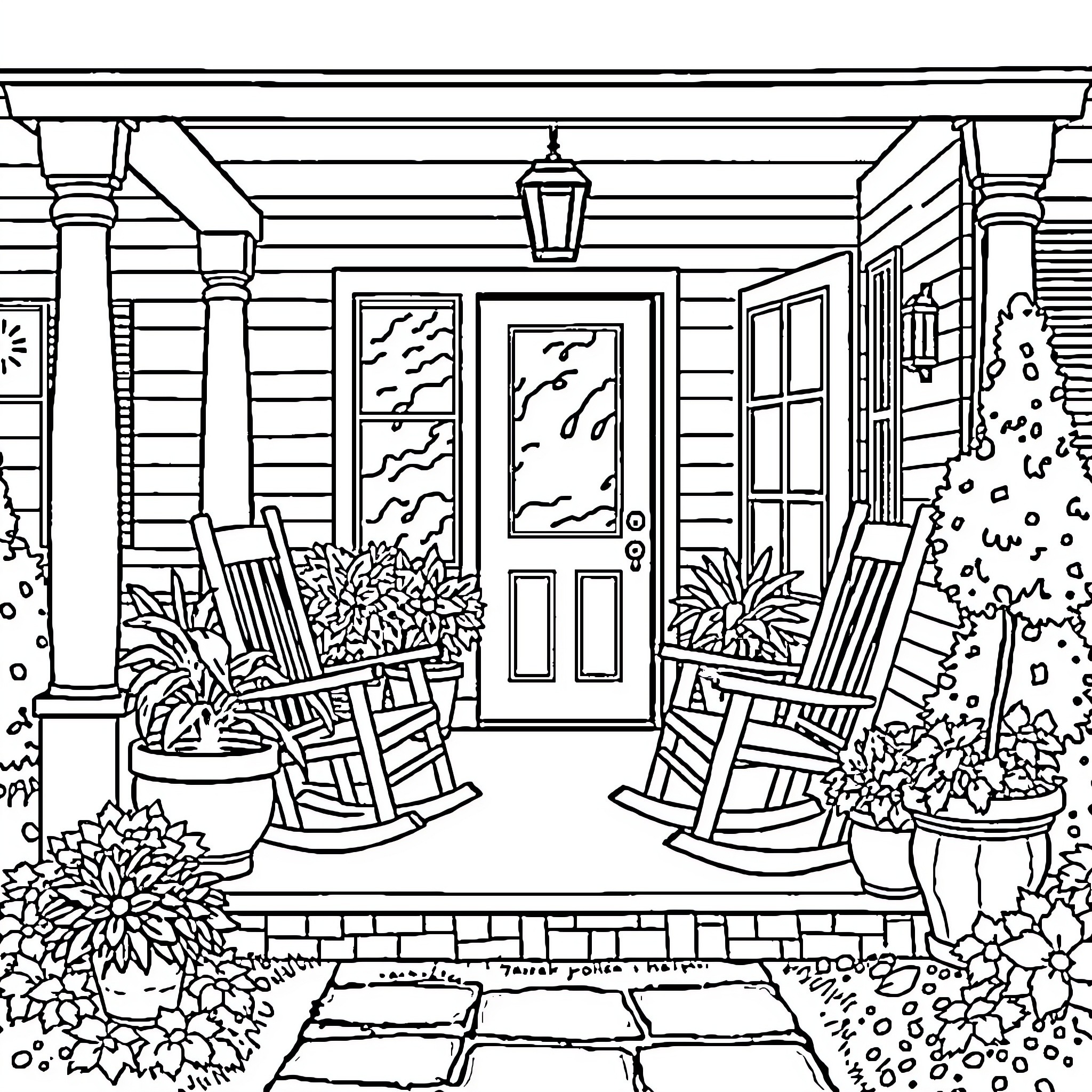 Porch with rocking chairs and floral decor Coloring Page (free black-and-white line drawing printable PDF for all, from beginners to advanced learners, including children, teens, adults, and seniors)