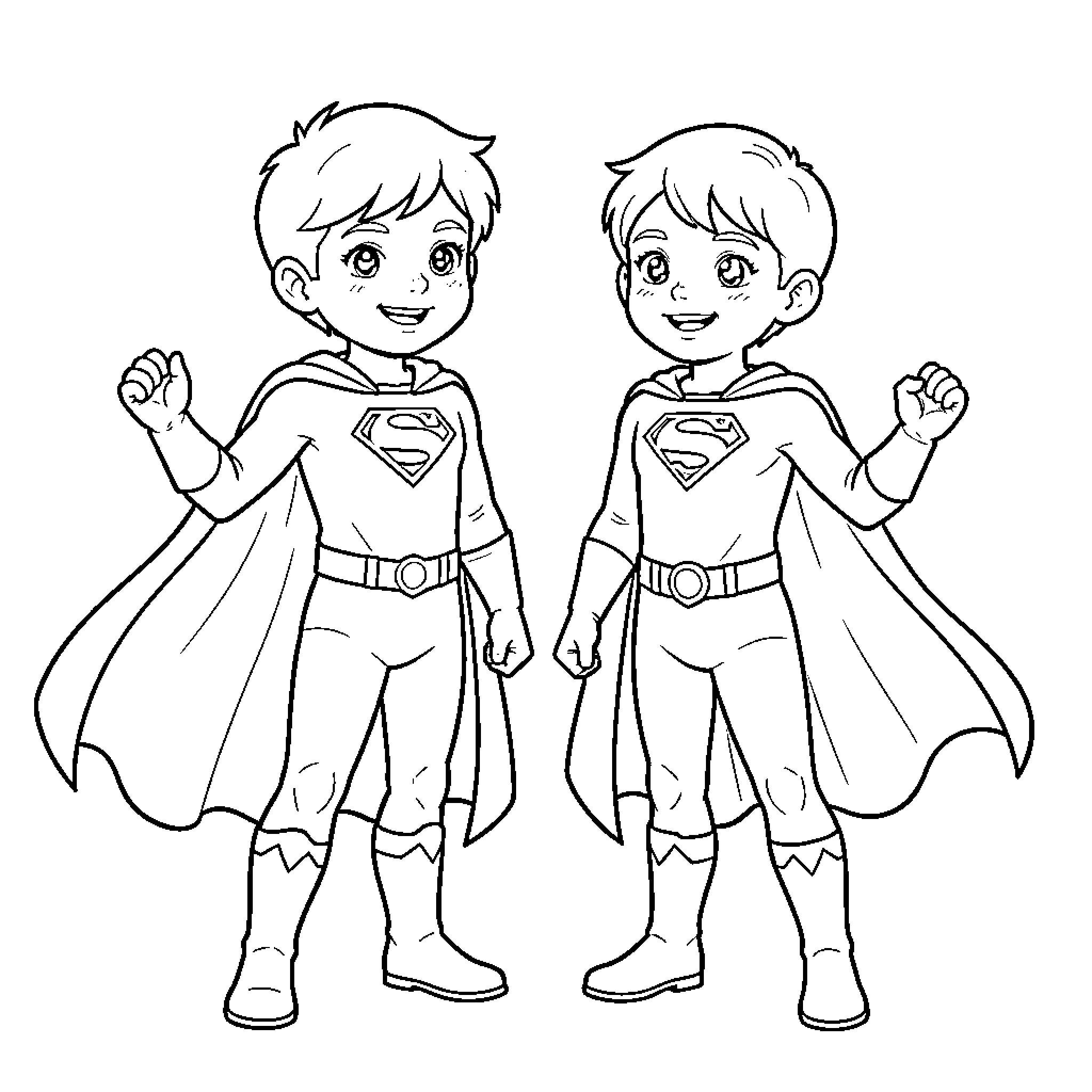 Twin Superheroes Striking Heroic Poses Coloring Page (free black-and-white line drawing printable PDF for all, from beginners to advanced learners, including children, teens, adults, and seniors)