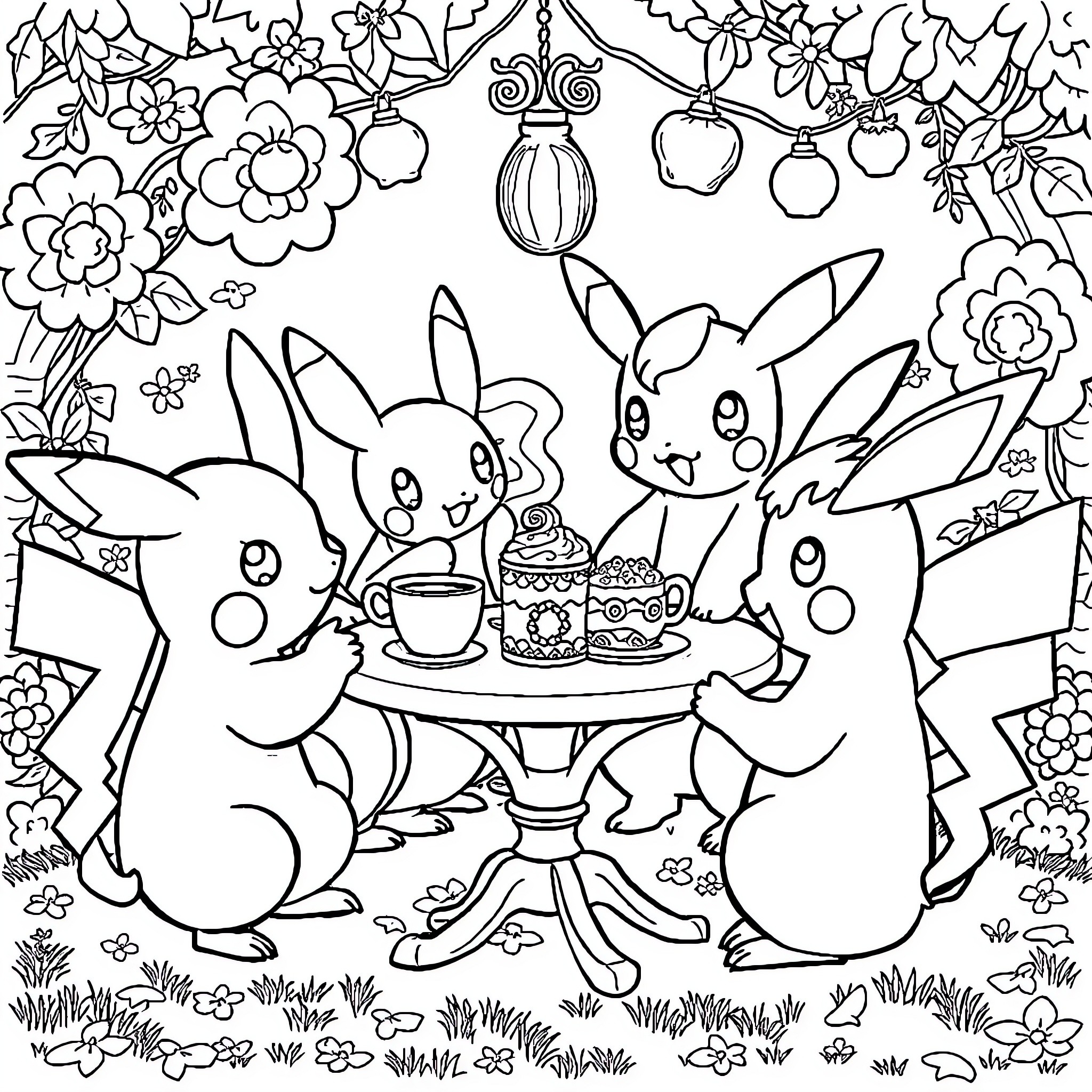 Pokémon Tea Party in the Garden Coloring Page (free black-and-white line drawing printable PDF for all, from beginners to advanced learners, including children, teens, adults, and seniors)