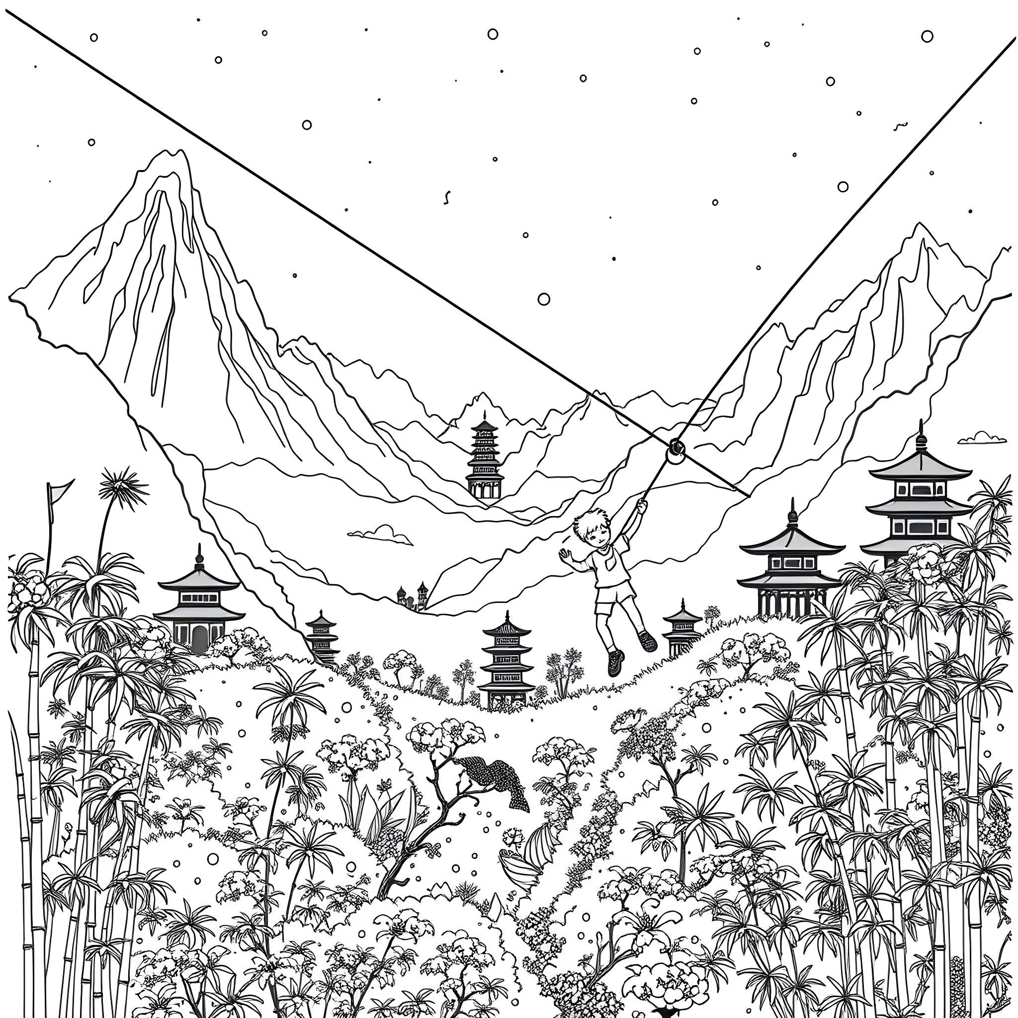 Prince Exploring the Mystical Mountain Landscape Coloring Page (free black-and-white line drawing printable PDF for all, from beginners to advanced learners, including children, teens, adults, and seniors)