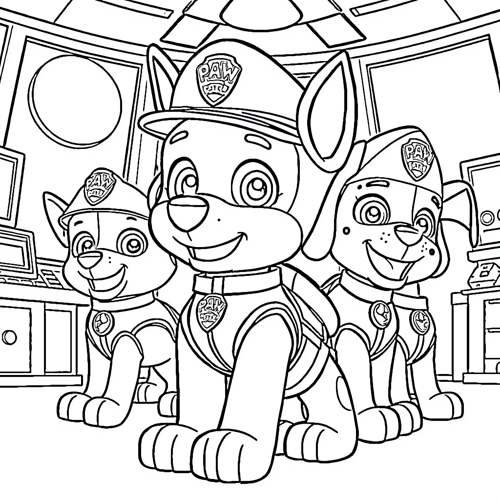 Paw Patrol Puppies on Duty in Uniform Coloring Page (free black-and-white line drawing printable PDF for all, from beginners to advanced learners, including children, teens, adults, and seniors)