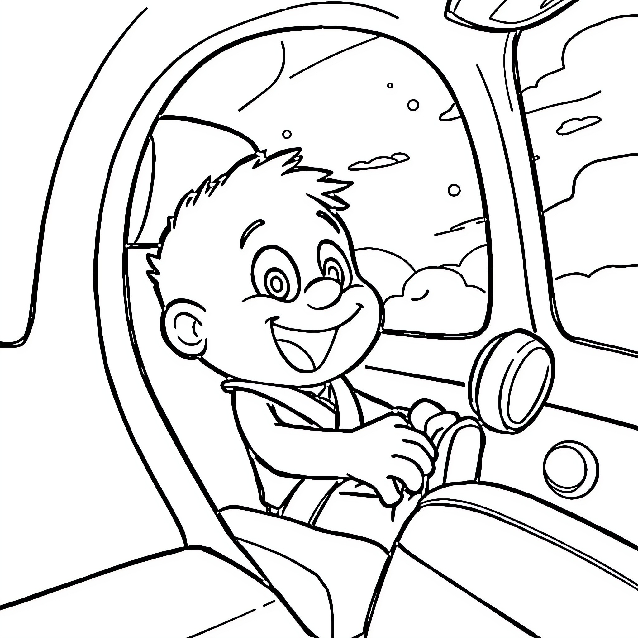 Spongebob happily driving his underwater vehicle Coloring Page (free black-and-white line drawing printable PDF for all, from beginners to advanced learners, including children, teens, adults, and seniors)