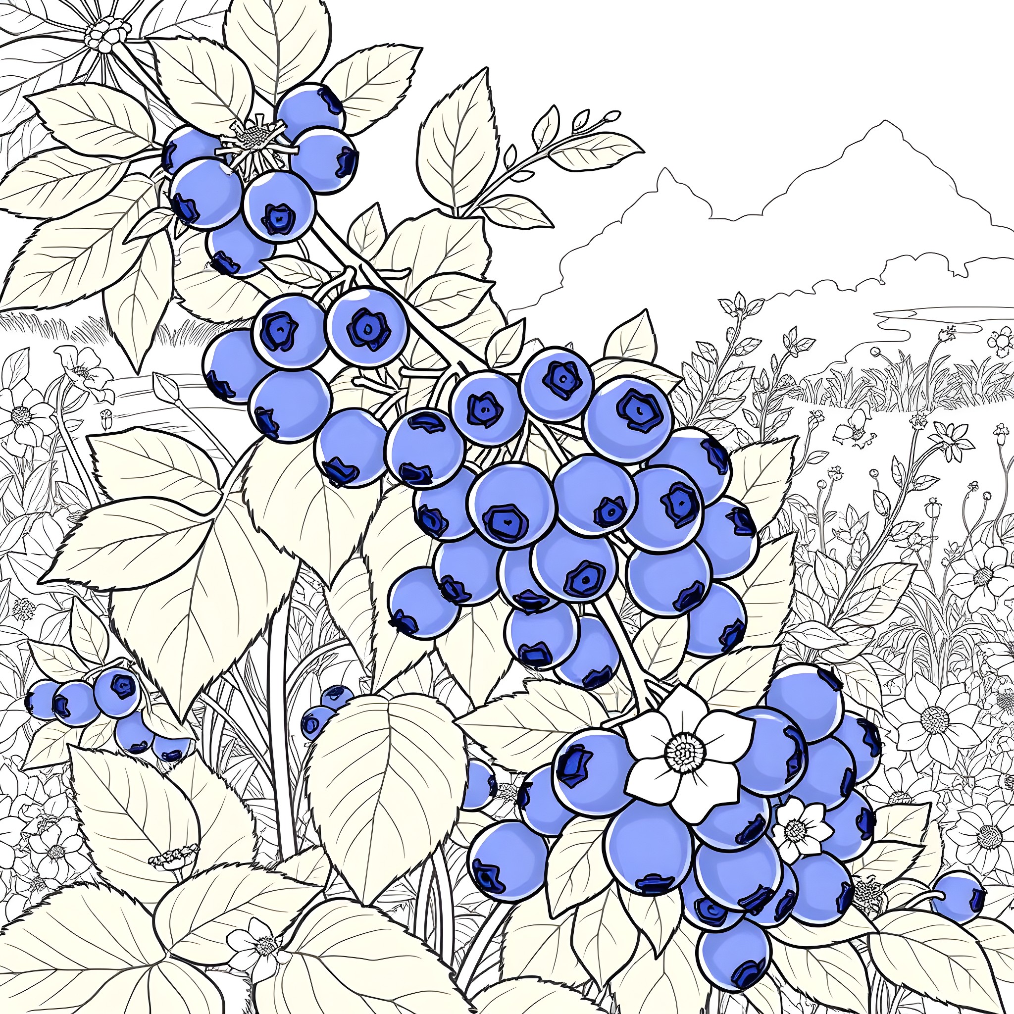 Blueberry Bountiful Bushes in the Countryside Coloring Page (free black-and-white line drawing printable PDF for all, from beginners to advanced learners, including children, teens, adults, and seniors)