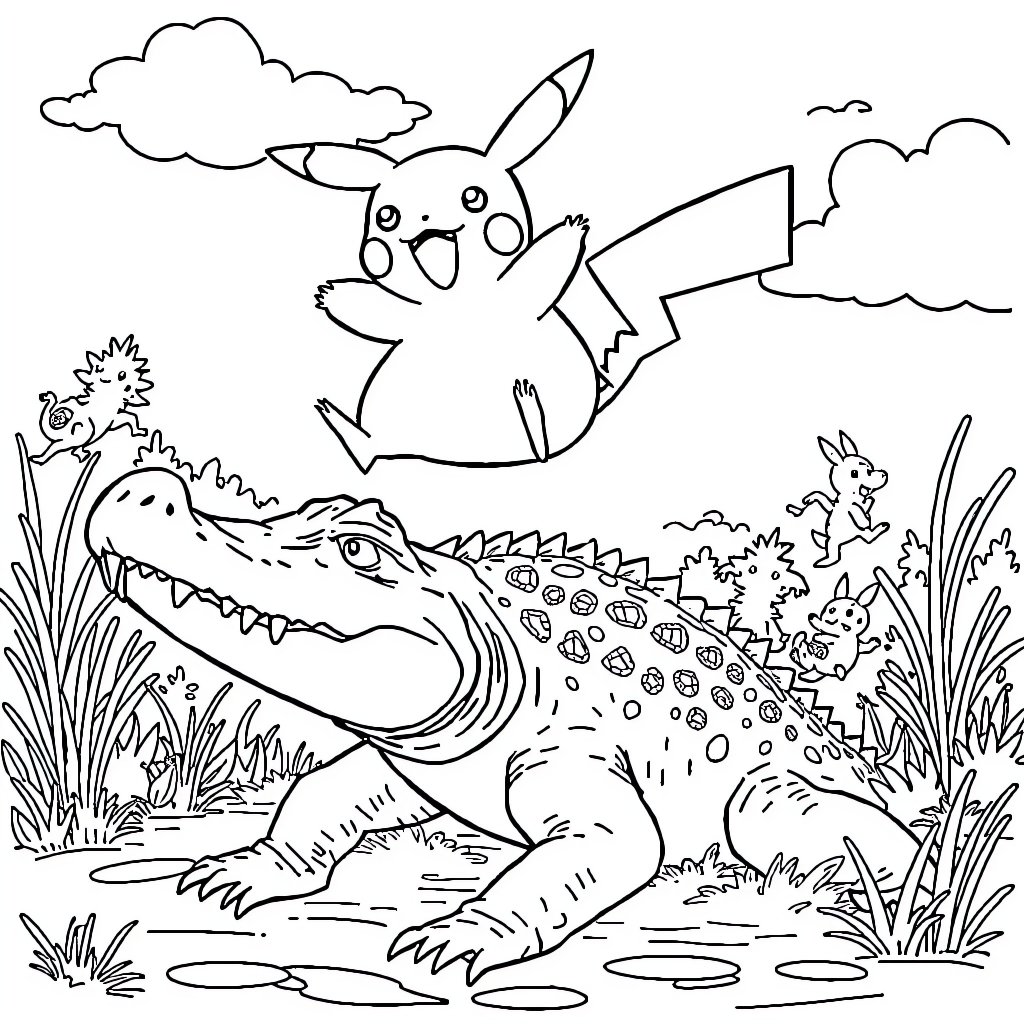Pikachu Playfully Interacts with Crocodile in Nature Coloring Page (free black-and-white line drawing printable PDF for all, from beginners to advanced learners, including children, teens, adults, and seniors)