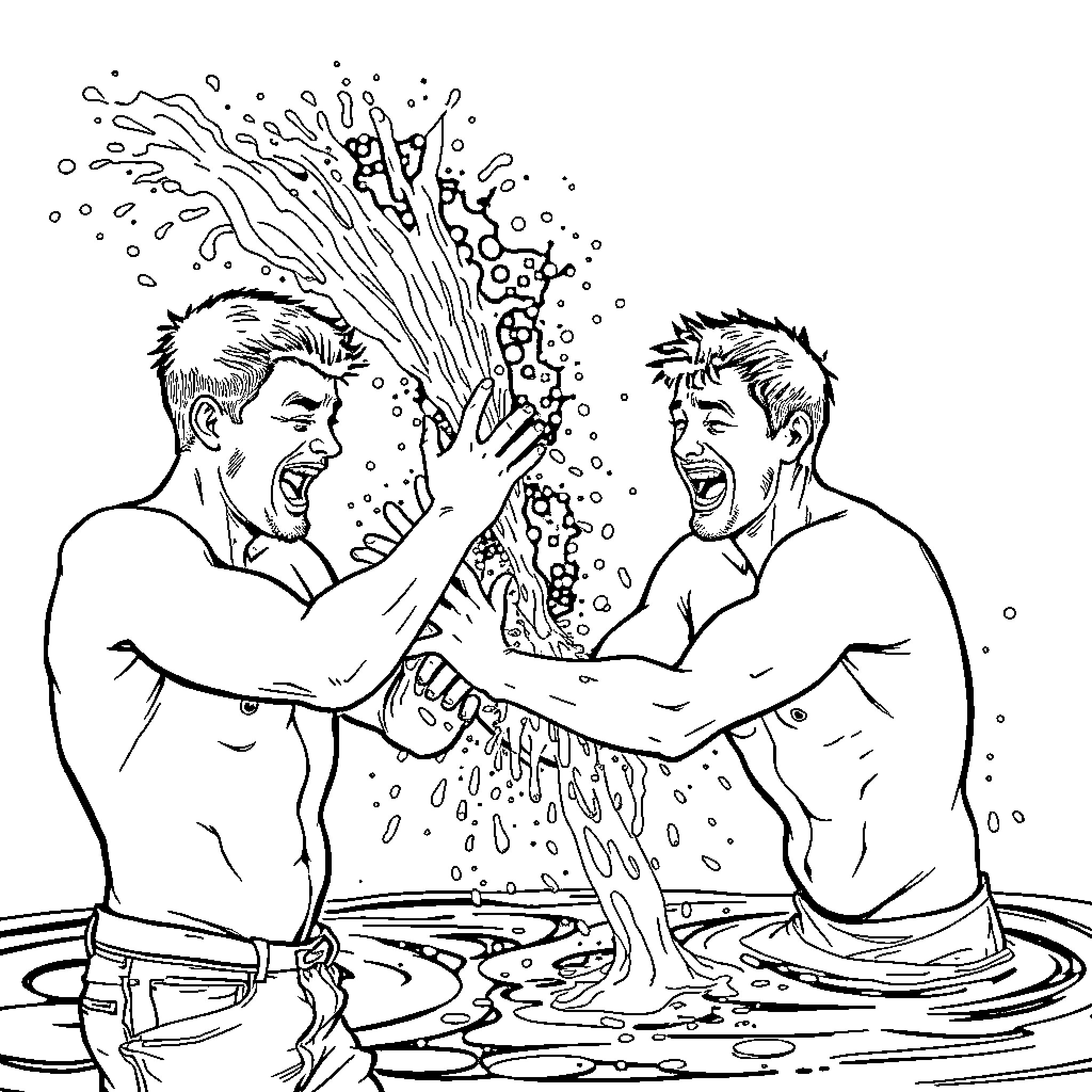 Men wrestling intensely in water splashing Coloring Page (free black-and-white line drawing printable PDF for all, from beginners to advanced learners, including children, teens, adults, and seniors)