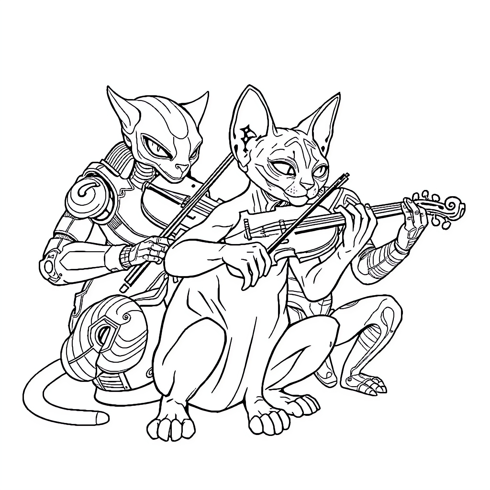 Sphynx Duo Playing Musical Instruments Coloring Page (free black-and-white line drawing printable PDF for all, from beginners to advanced learners, including children, teens, adults, and seniors)