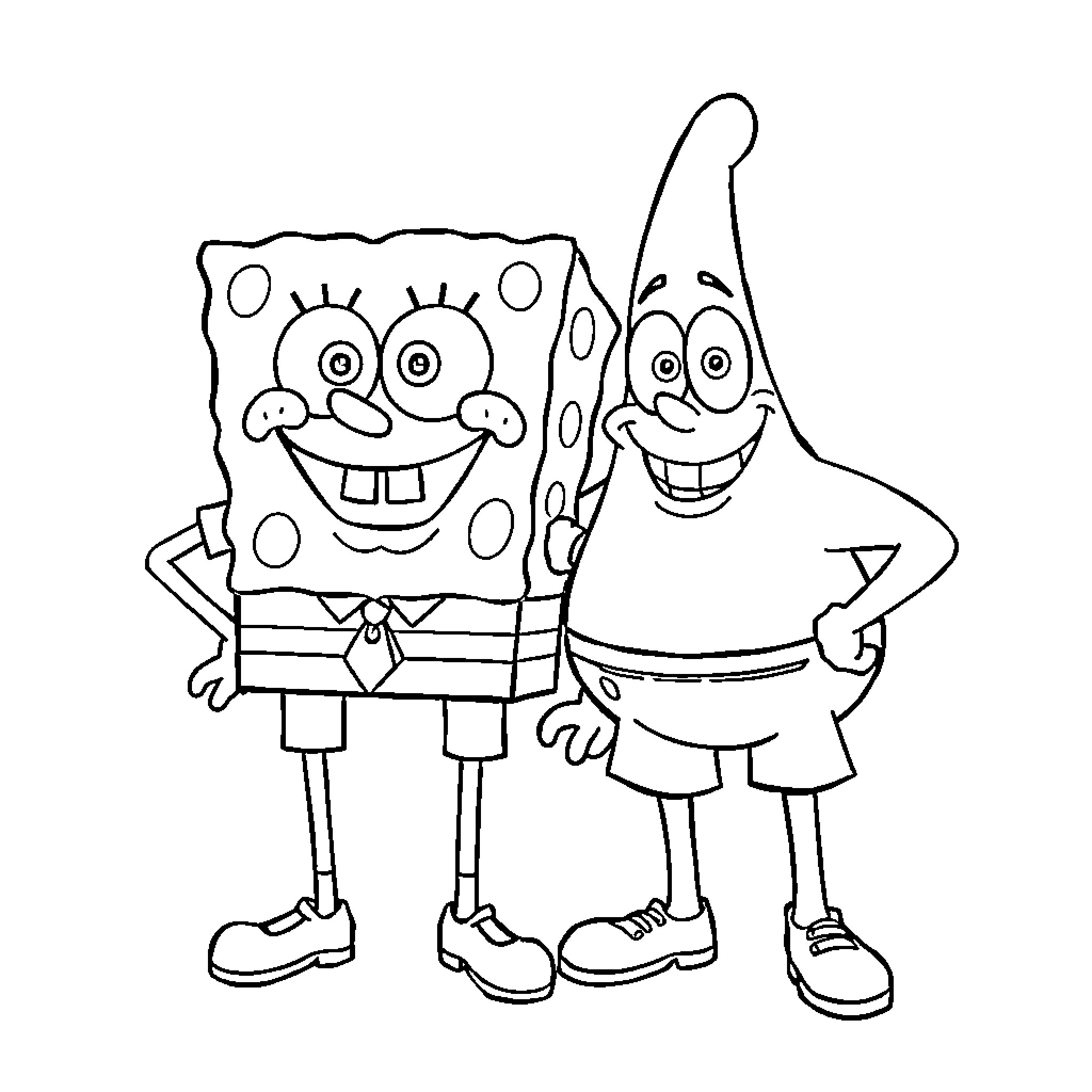 Spongebob and Patrick having fun together Coloring Page (free black-and-white line drawing printable PDF for all, from beginners to advanced learners, including children, teens, adults, and seniors)