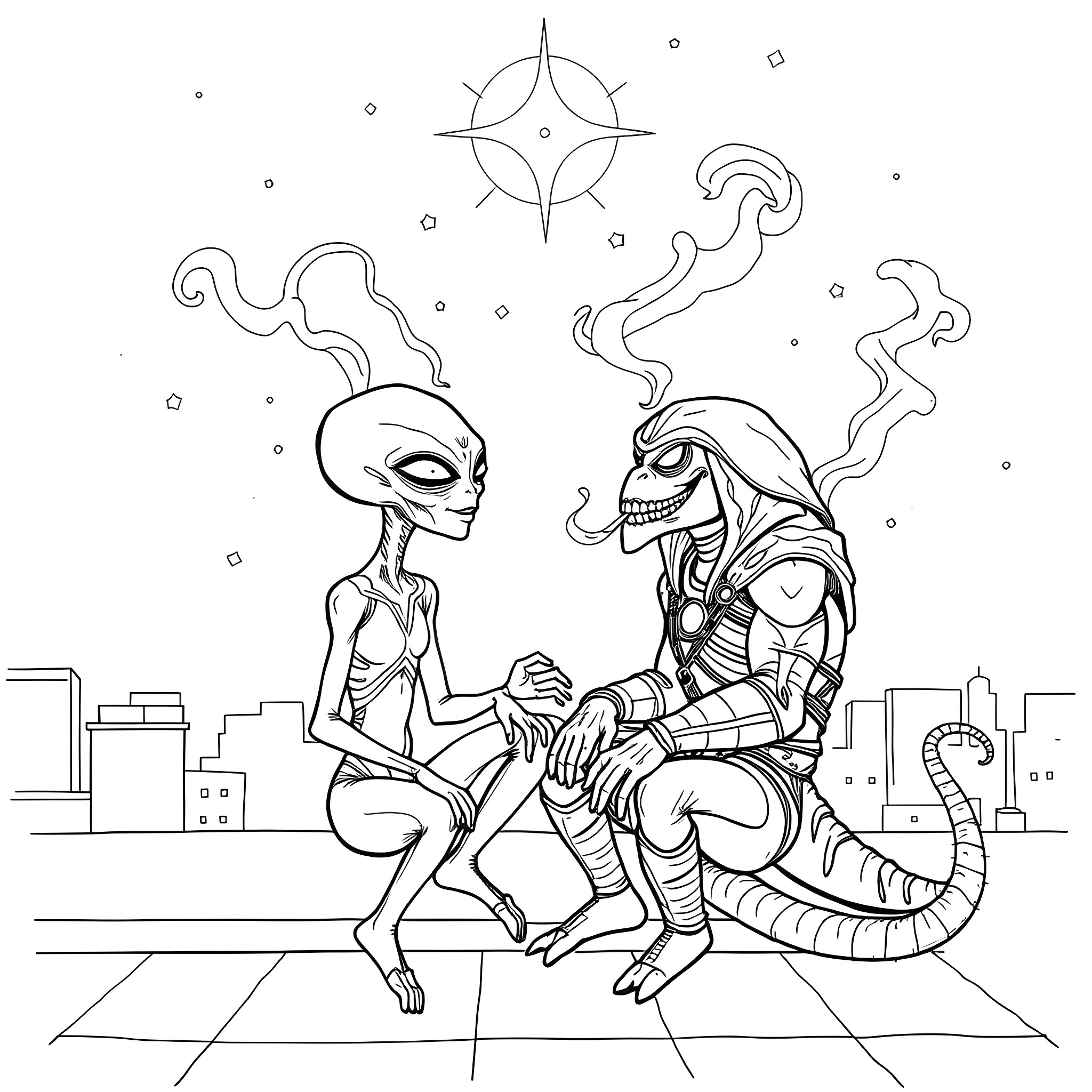 Alien Encounter in the City Skyline Coloring Page (free black-and-white line drawing printable PDF for all, from beginners to advanced learners, including children, teens, adults, and seniors)