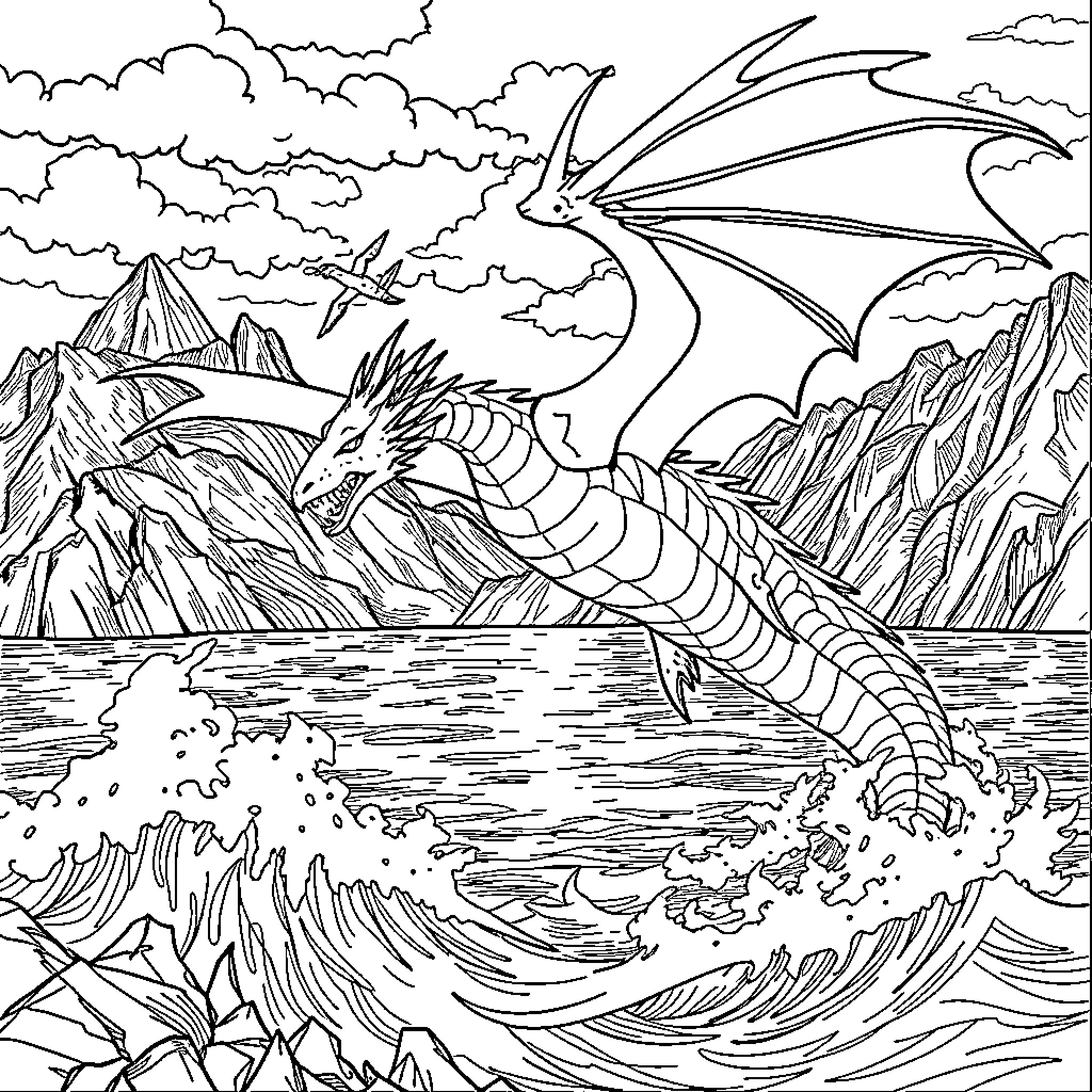 Dragon soaring over a stormy mountain landscape Coloring Page (free black-and-white line drawing printable PDF for all, from beginners to advanced learners, including children, teens, adults, and seniors)