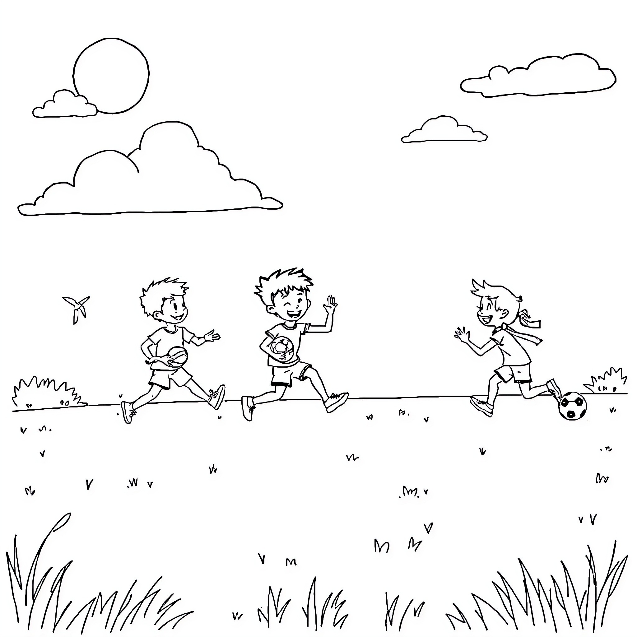 Kid Sports: Children Playing and Running Outdoors Coloring Page (free black-and-white line drawing printable PDF for all, from beginners to advanced learners, including children, teens, adults, and seniors)