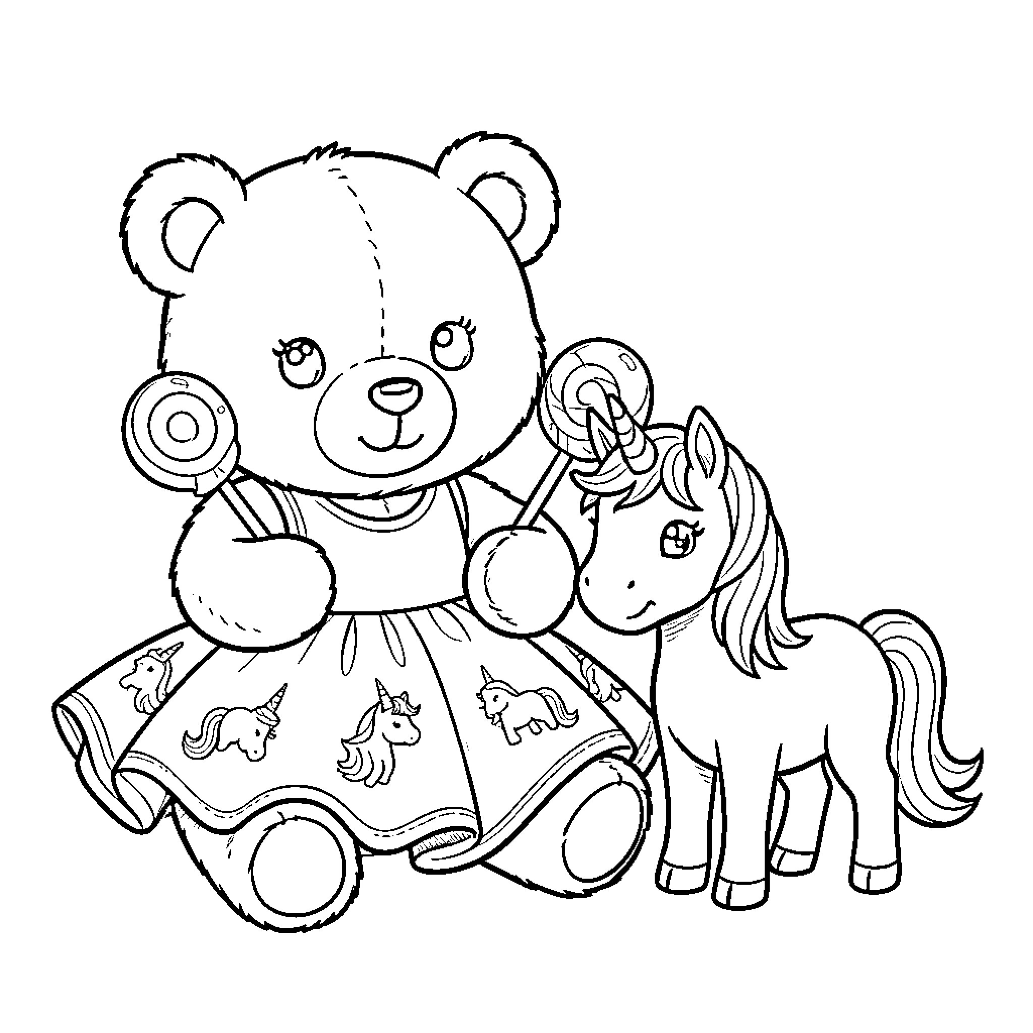 Teddy Bear wearing a dress holding lollipops with unicorn Coloring Page (free black-and-white line drawing printable PDF for all, from beginners to advanced learners, including children, teens, adults, and seniors)