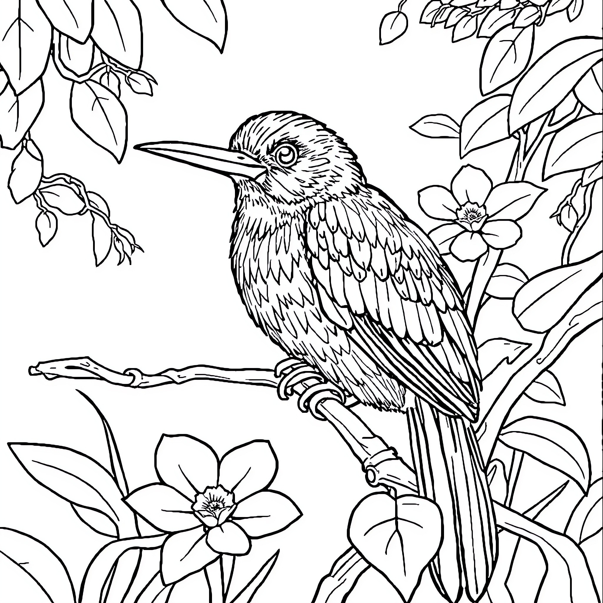 Rabbit sitting on branch surrounded by flowers Coloring Page (free black-and-white line drawing printable PDF for all, from beginners to advanced learners, including children, teens, adults, and seniors)