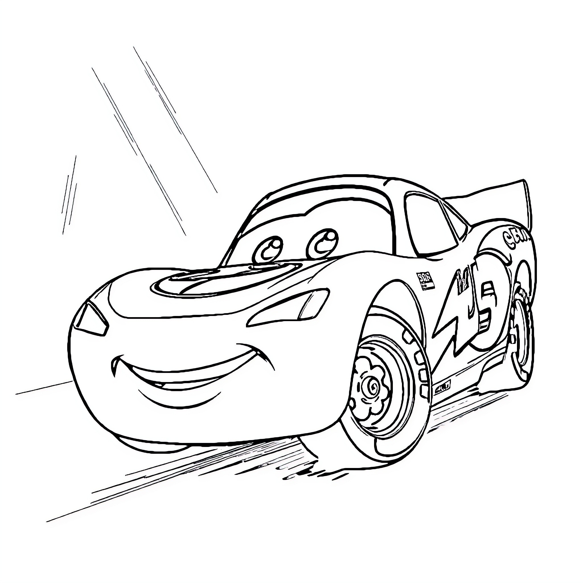 McQueen racing in high speed action Coloring Page (free black-and-white line drawing printable PDF for all, from beginners to advanced learners, including children, teens, adults, and seniors)