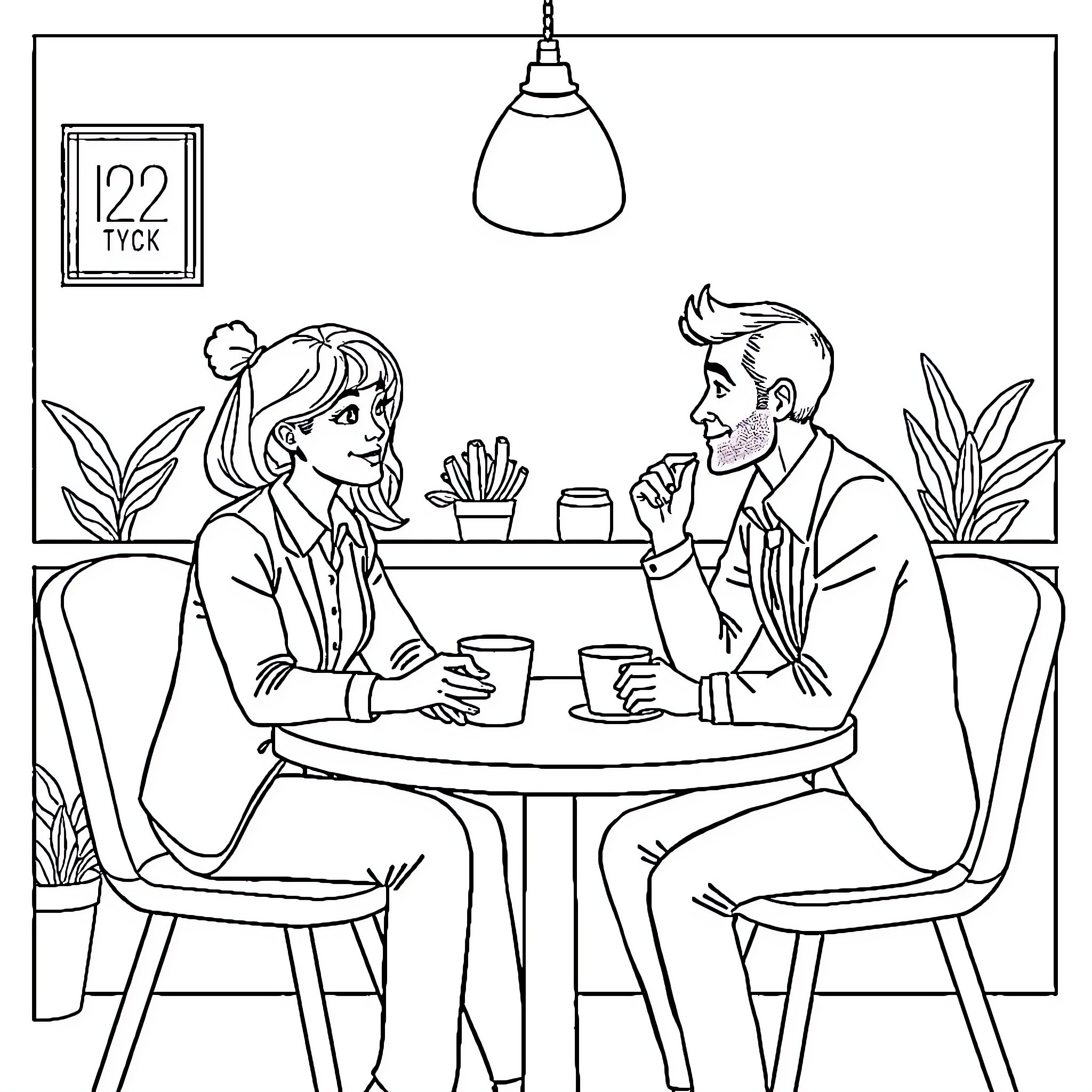 Employee coworkers discussing at cafe table Coloring Page (free black-and-white line drawing printable PDF for all, from beginners to advanced learners, including children, teens, adults, and seniors)