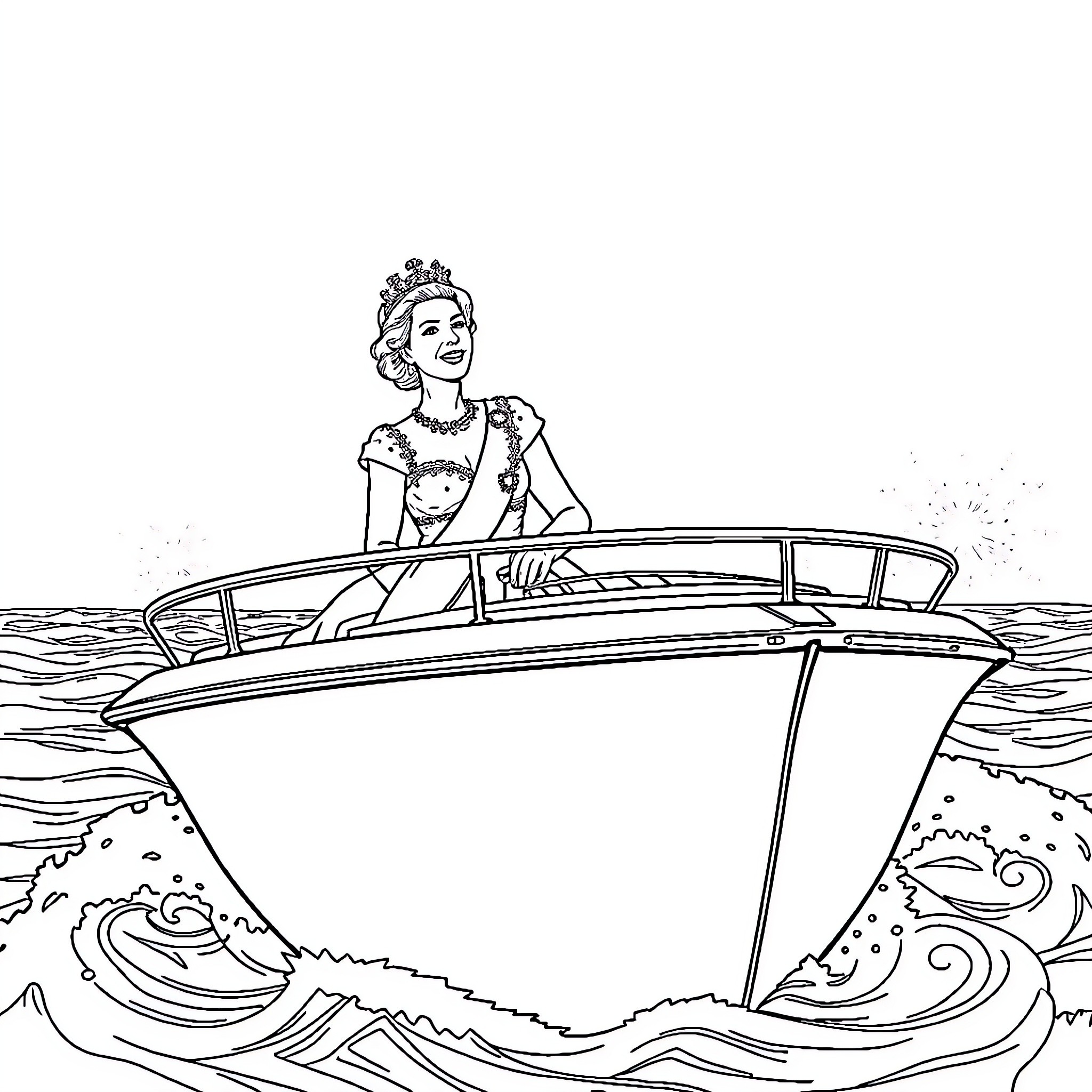 Queen sailing gracefully on a majestic vessel Coloring Page (free black-and-white line drawing printable PDF for all, from beginners to advanced learners, including children, teens, adults, and seniors)