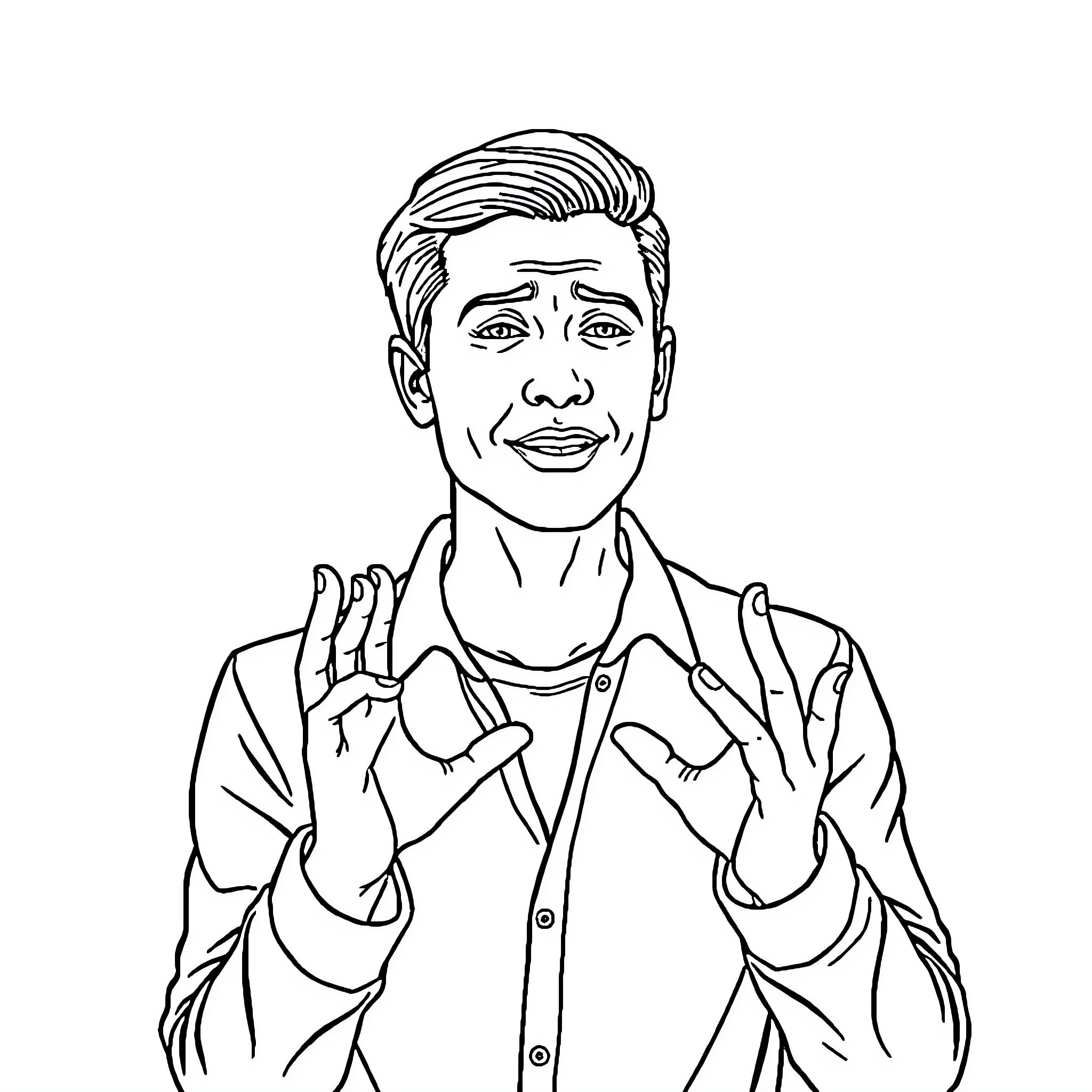 Sign Language of a Cheerful Man Coloring Page (free black-and-white line drawing printable PDF for all, from beginners to advanced learners, including children, teens, adults, and seniors)