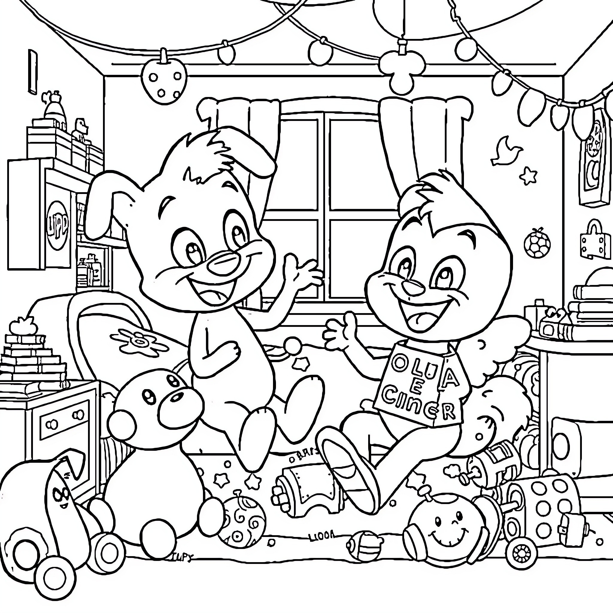 Bluey's Playroom Adventure Coloring Page (free black-and-white line drawing printable PDF for all, from beginners to advanced learners, including children, teens, adults, and seniors)