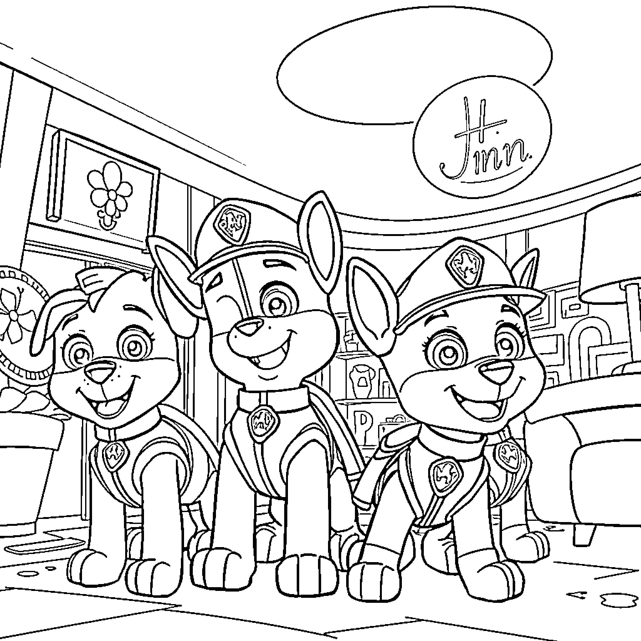 Paw Patrol pups having fun at the inn Coloring Page (free black-and-white line drawing printable PDF for all, from beginners to advanced learners, including children, teens, adults, and seniors)