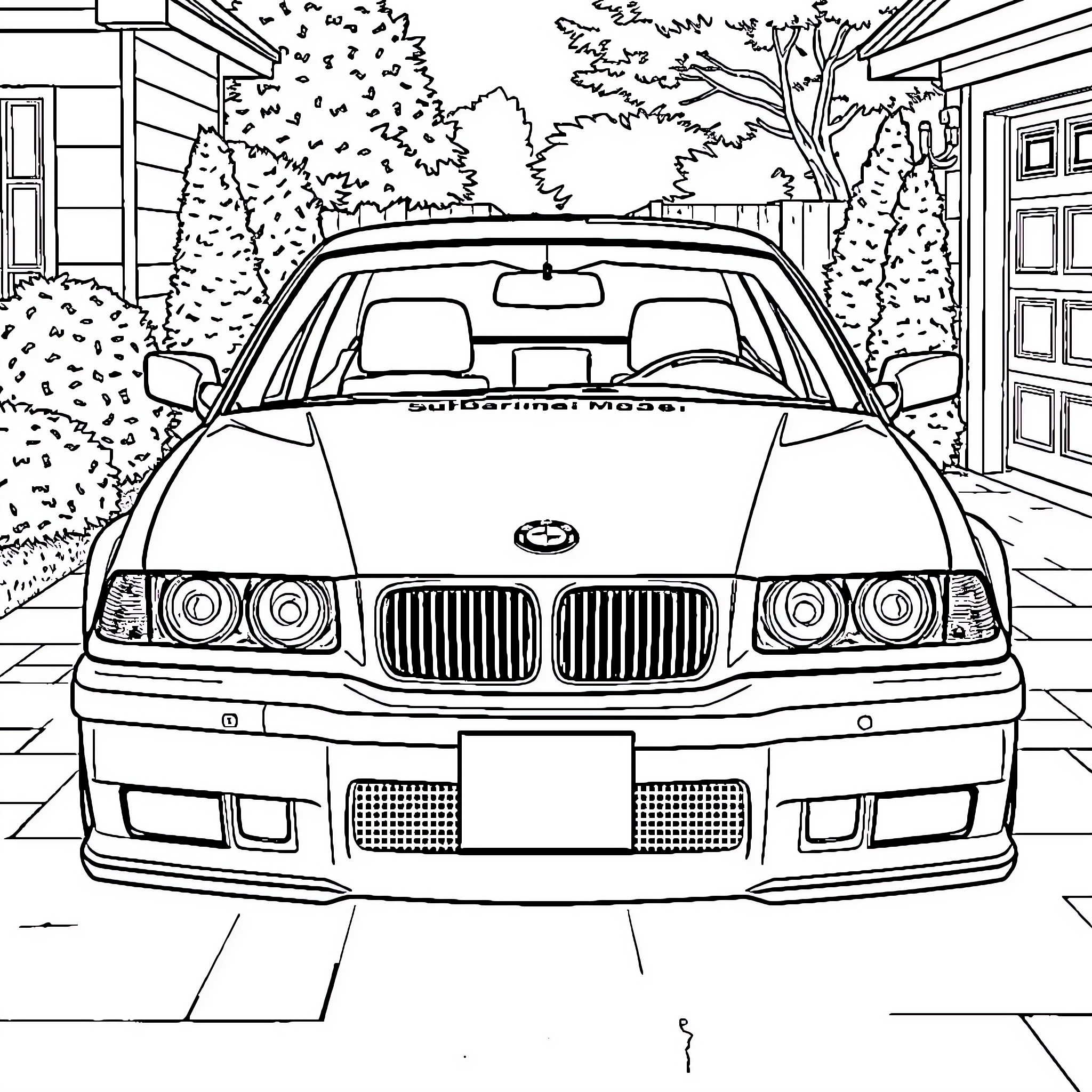 BMW E36 in suburban setting Coloring Page (free black-and-white line drawing printable PDF for all, from beginners to advanced learners, including children, teens, adults, and seniors)