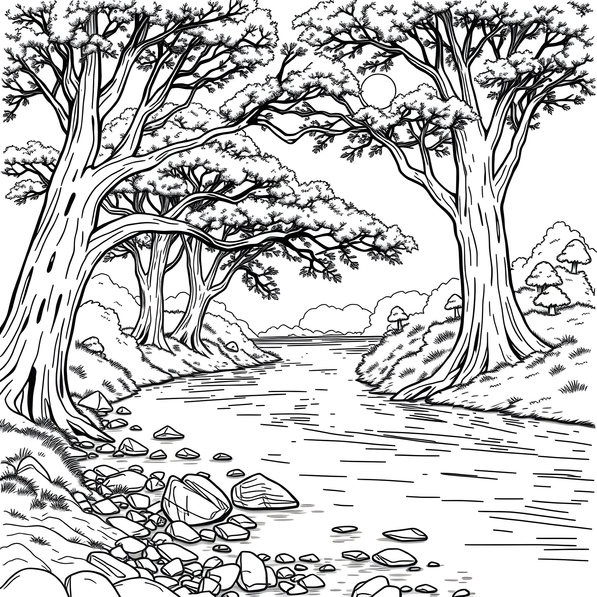 River flowing through a serene forest landscape Coloring Page (free black-and-white line drawing printable PDF for all, from beginners to advanced learners, including children, teens, adults, and seniors)