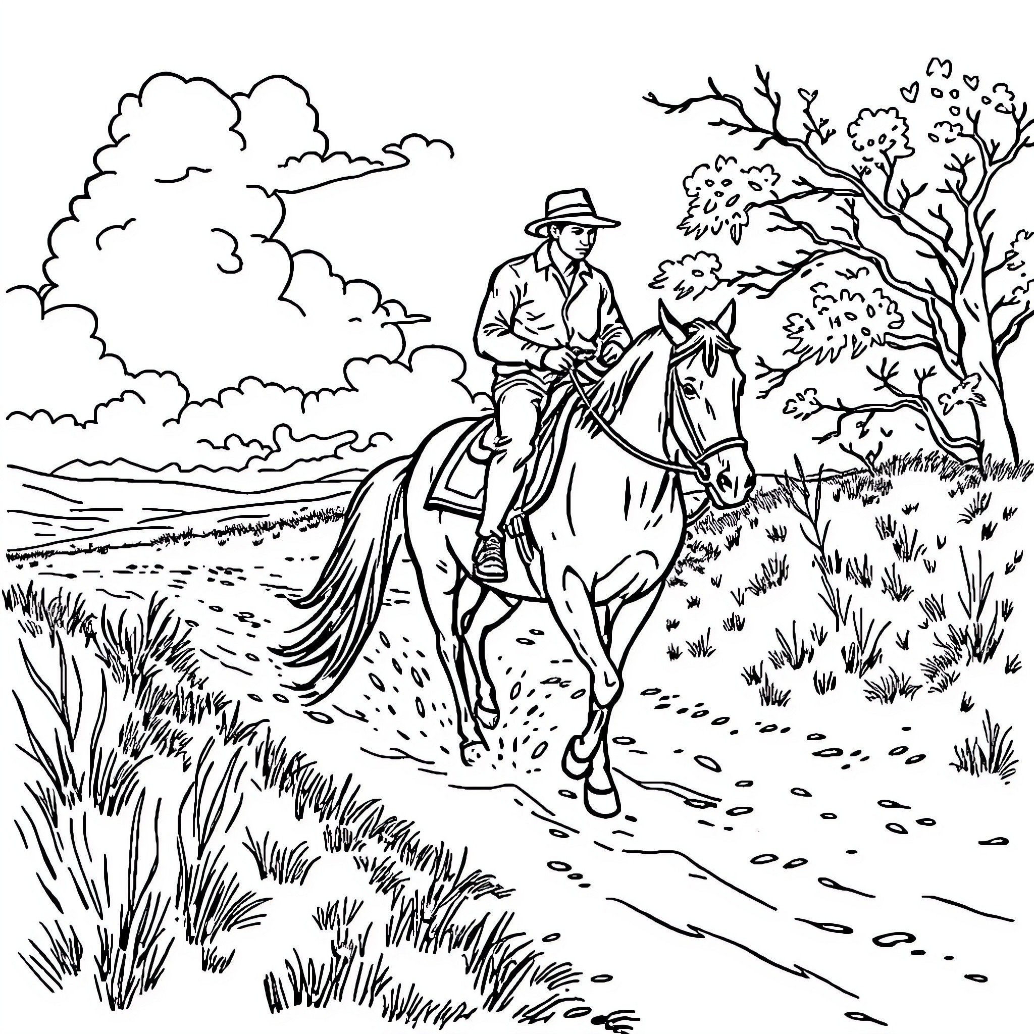 Man riding horse through scenic countryside Coloring Page (free black-and-white line drawing printable PDF for all, from beginners to advanced learners, including children, teens, adults, and seniors)