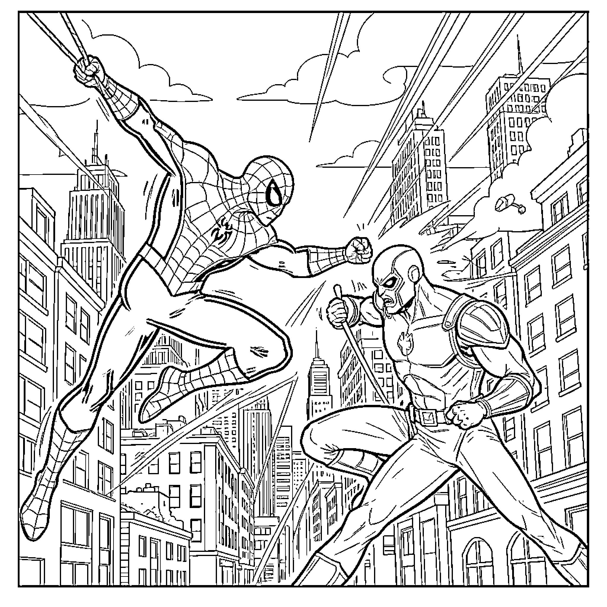Spider-Man fighting a powerful villain in the city Coloring Page (free black-and-white line drawing printable PDF for all, from beginners to advanced learners, including children, teens, adults, and seniors)
