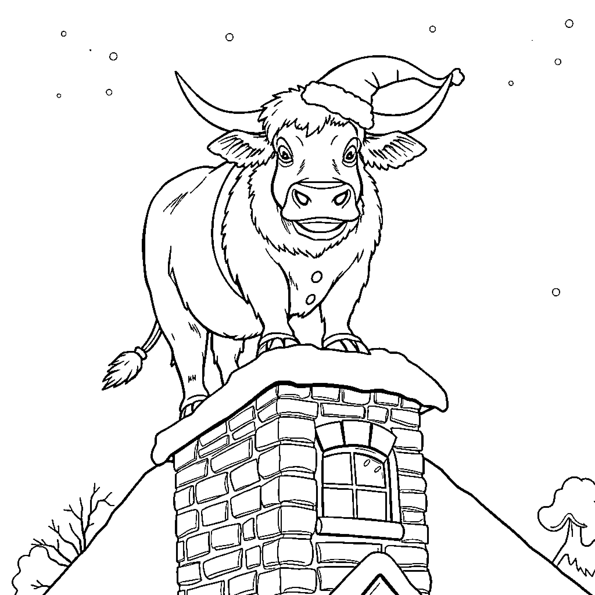 Highland Cow scaling a brick chimney Coloring Page (free black-and-white line drawing printable PDF for all, from beginners to advanced learners, including children, teens, adults, and seniors)