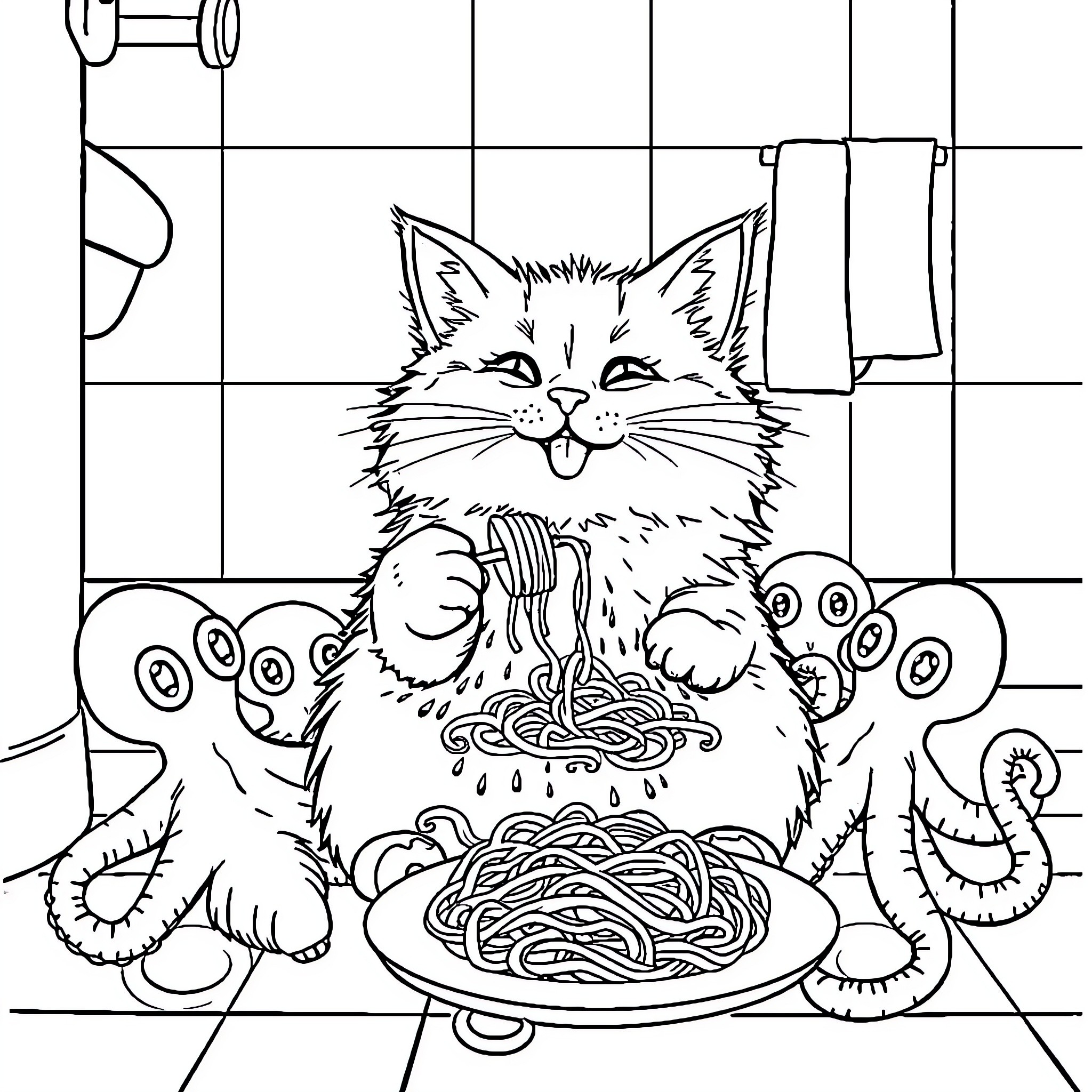 Cat Eating Spaghetti Happily Coloring Page (free black-and-white line drawing printable PDF for all, from beginners to advanced learners, including children, teens, adults, and seniors)