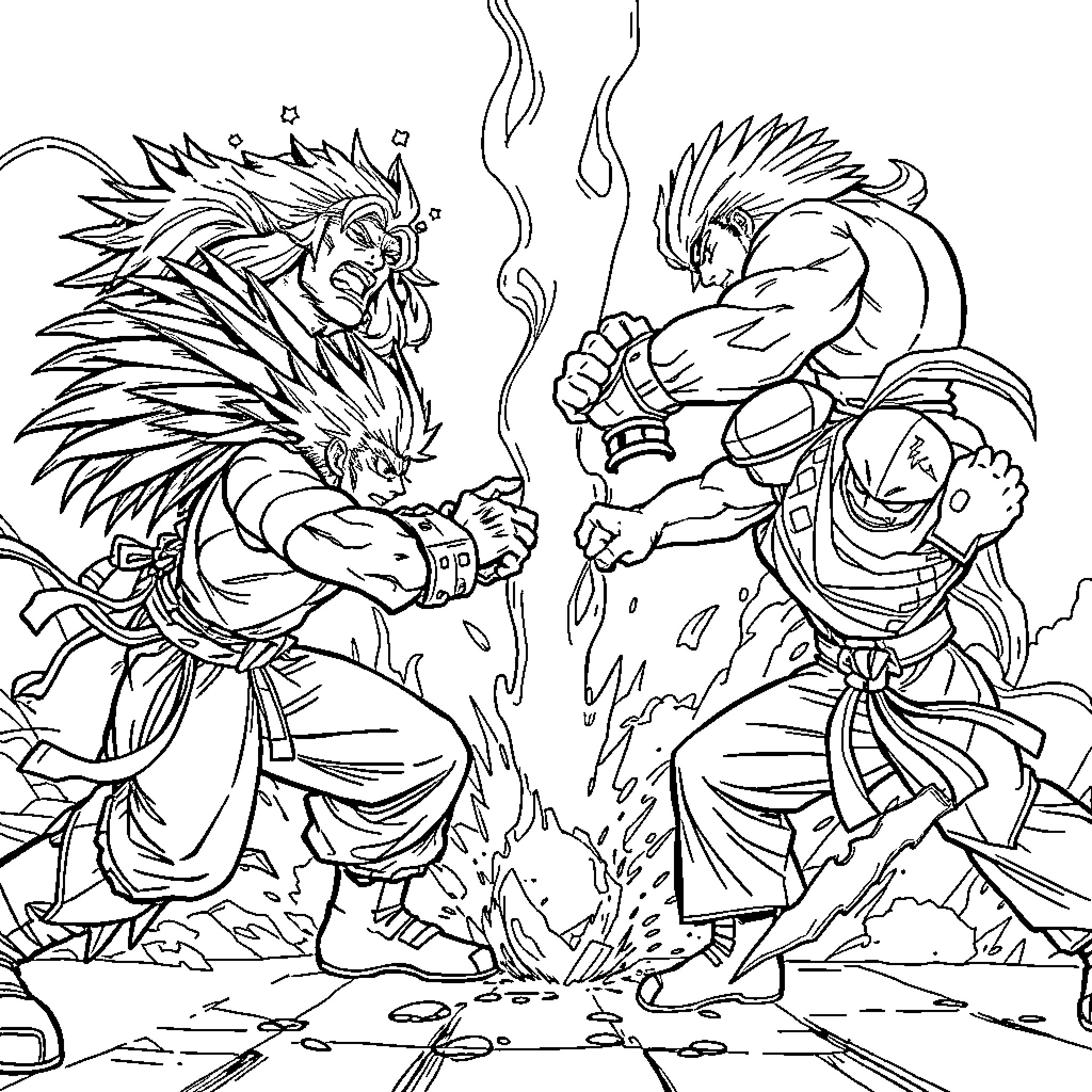 Fantasy battle of fierce warriors with unique outfits Coloring Page (free black-and-white line drawing printable PDF for all, from beginners to advanced learners, including children, teens, adults, and seniors)