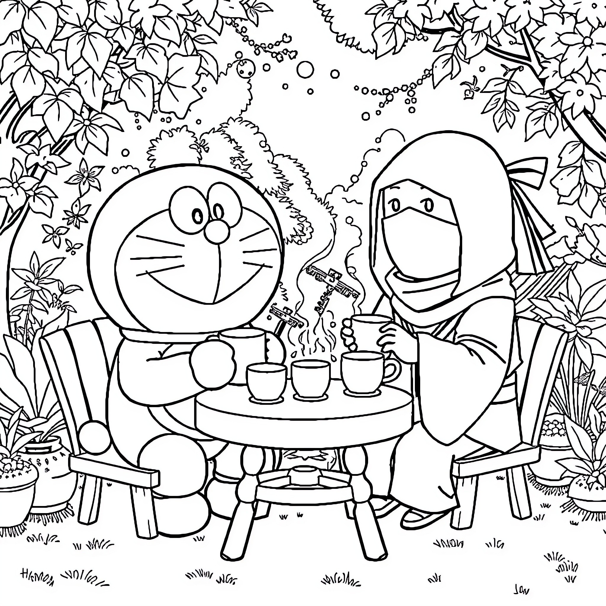 Doraemon and Friends Enjoying Outdoor Tea Party Coloring Page (free black-and-white line drawing printable PDF for all, from beginners to advanced learners, including children, teens, adults, and seniors)