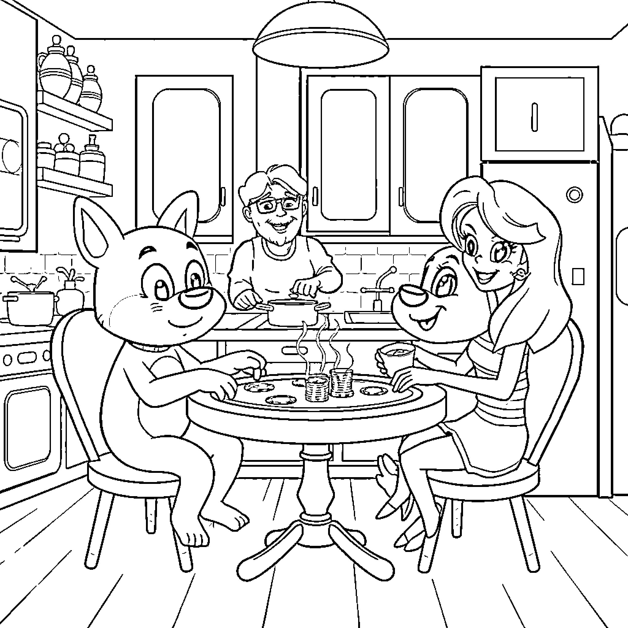 Bluey's family enjoying a meal together in the kitchen Coloring Page (free black-and-white line drawing printable PDF for all, from beginners to advanced learners, including children, teens, adults, and seniors)