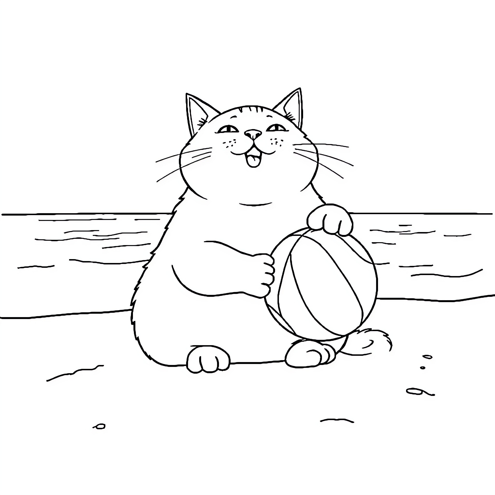 Cat playing with beach ball in the water Coloring Page (free black-and-white line drawing printable PDF for all, from beginners to advanced learners, including children, teens, adults, and seniors)