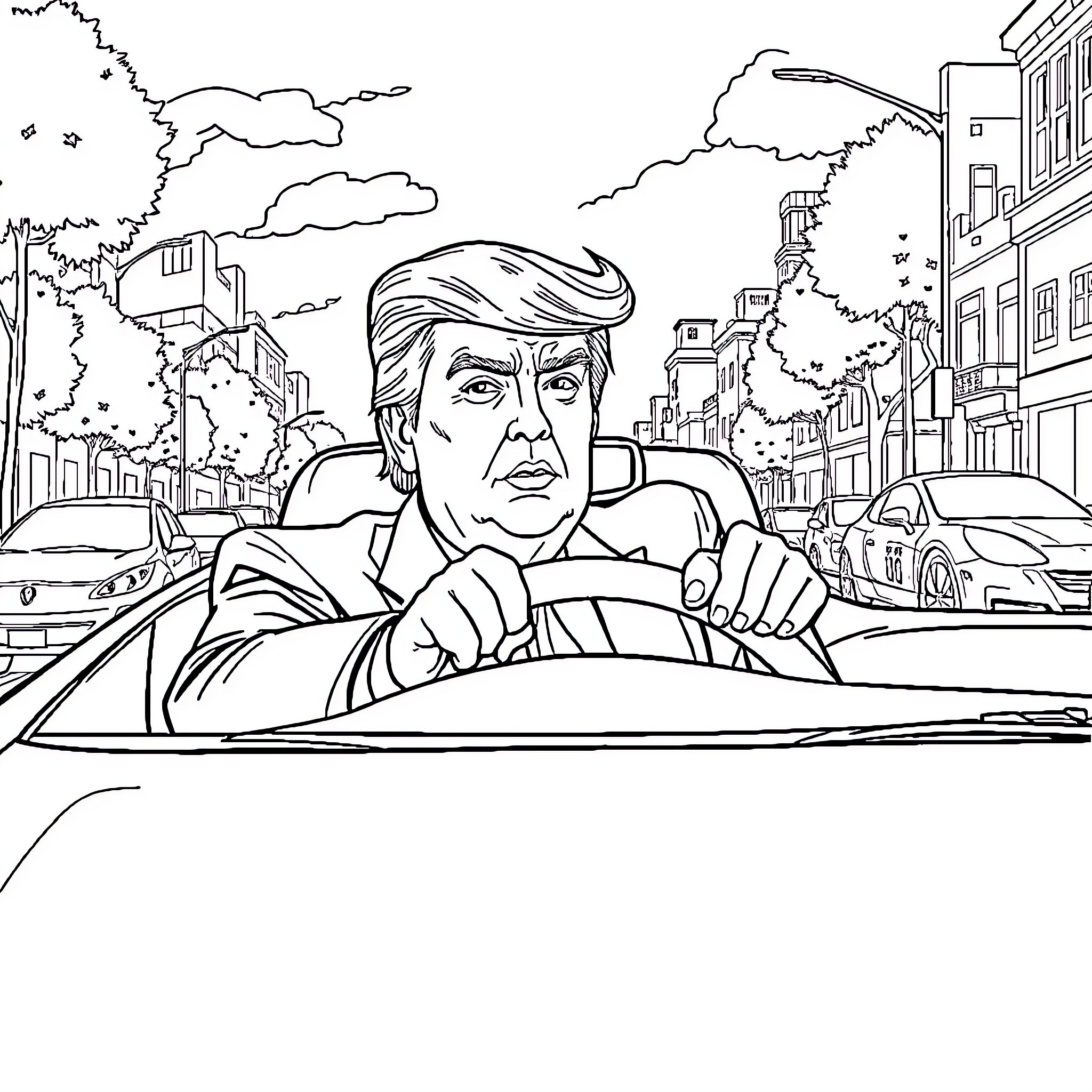 Donald Trump driving a car in the city Coloring Page (free black-and-white line drawing printable PDF for all, from beginners to advanced learners, including children, teens, adults, and seniors)
